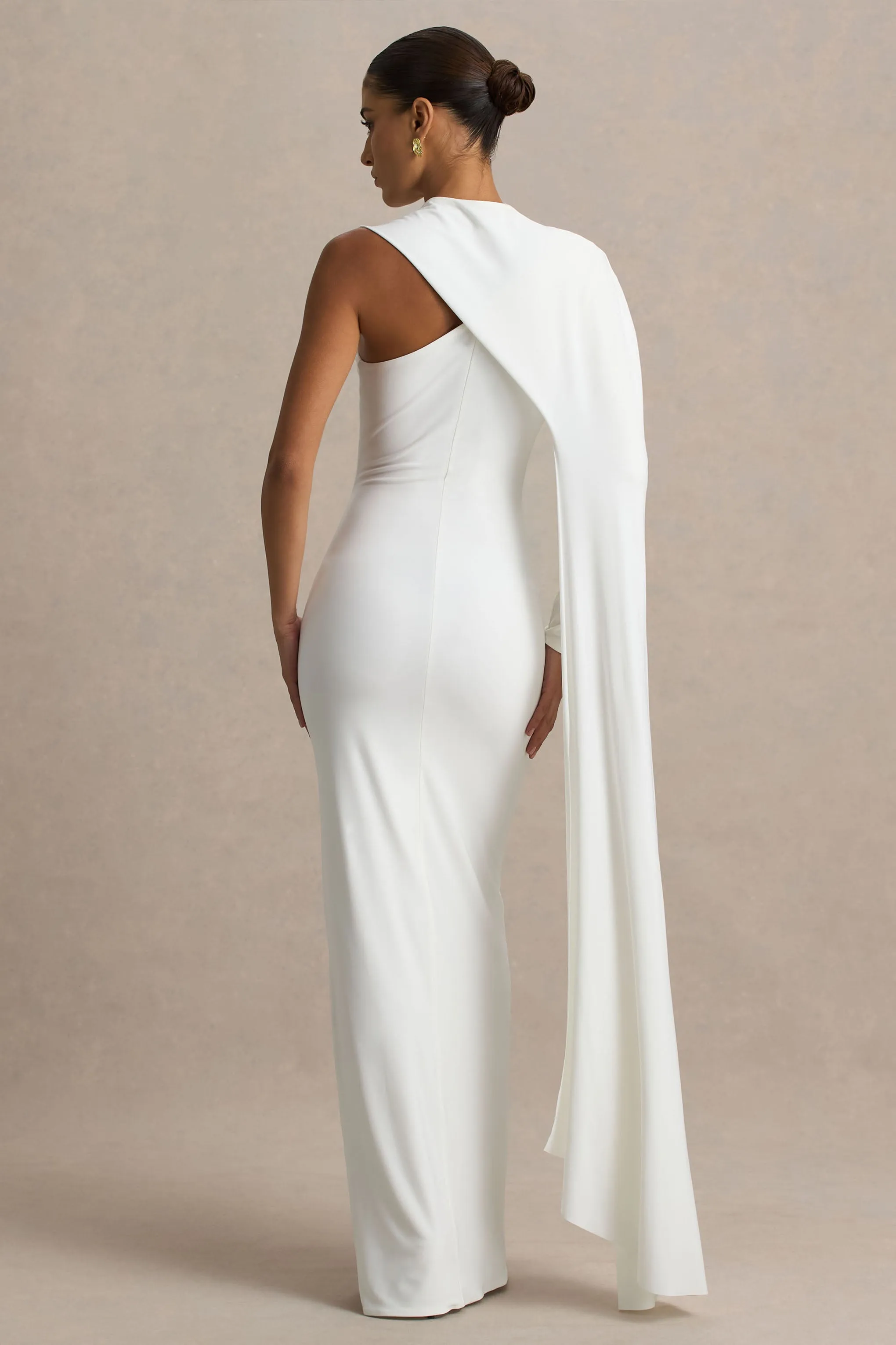 Dawn | Cream High-Neck Maxi Dress With One Long-Sleeve And Cape sold by Club L London product image thumbnail 2