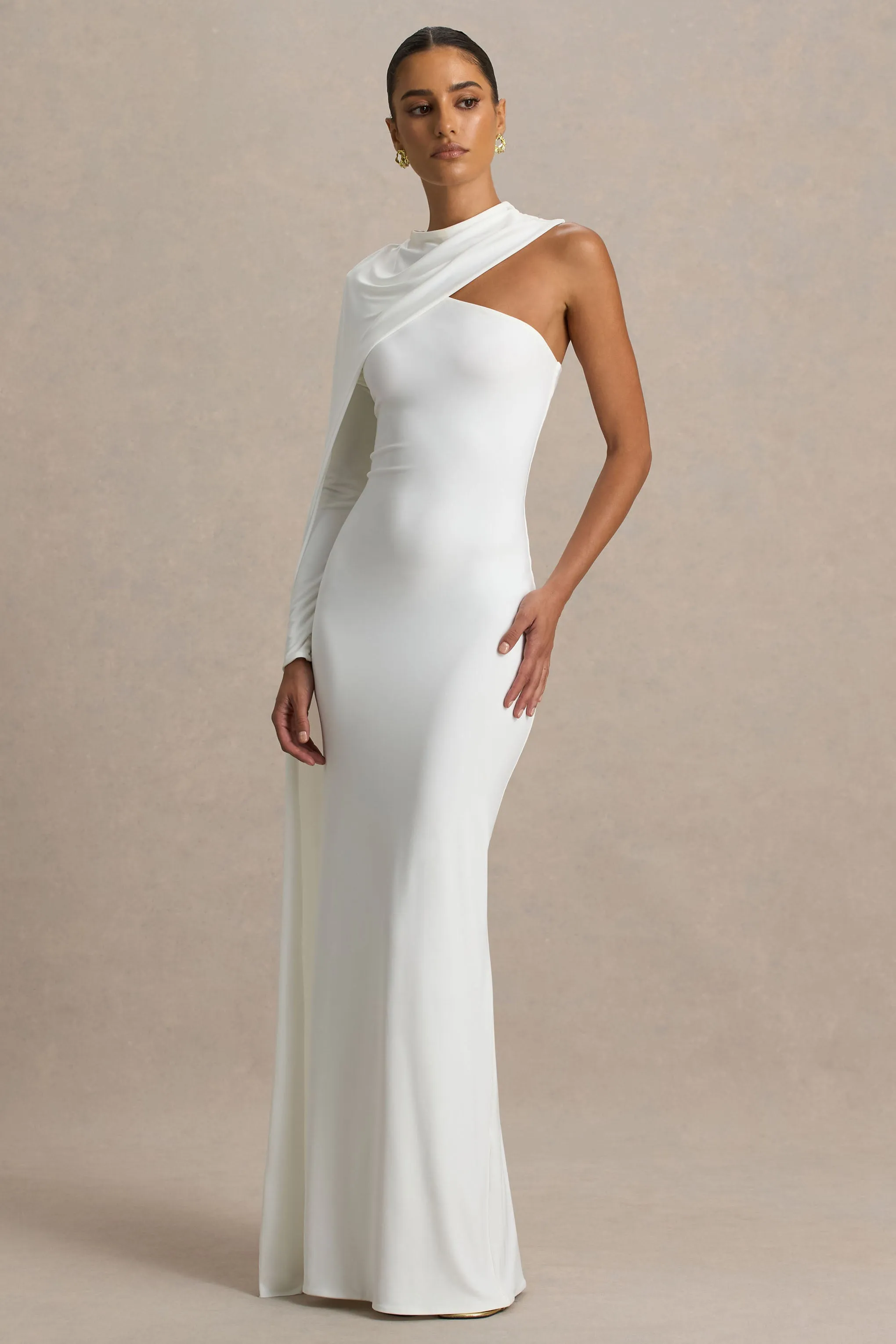 Dawn | Cream High-Neck Maxi Dress With One Long-Sleeve And Cape sold by Club L London product image thumbnail 3