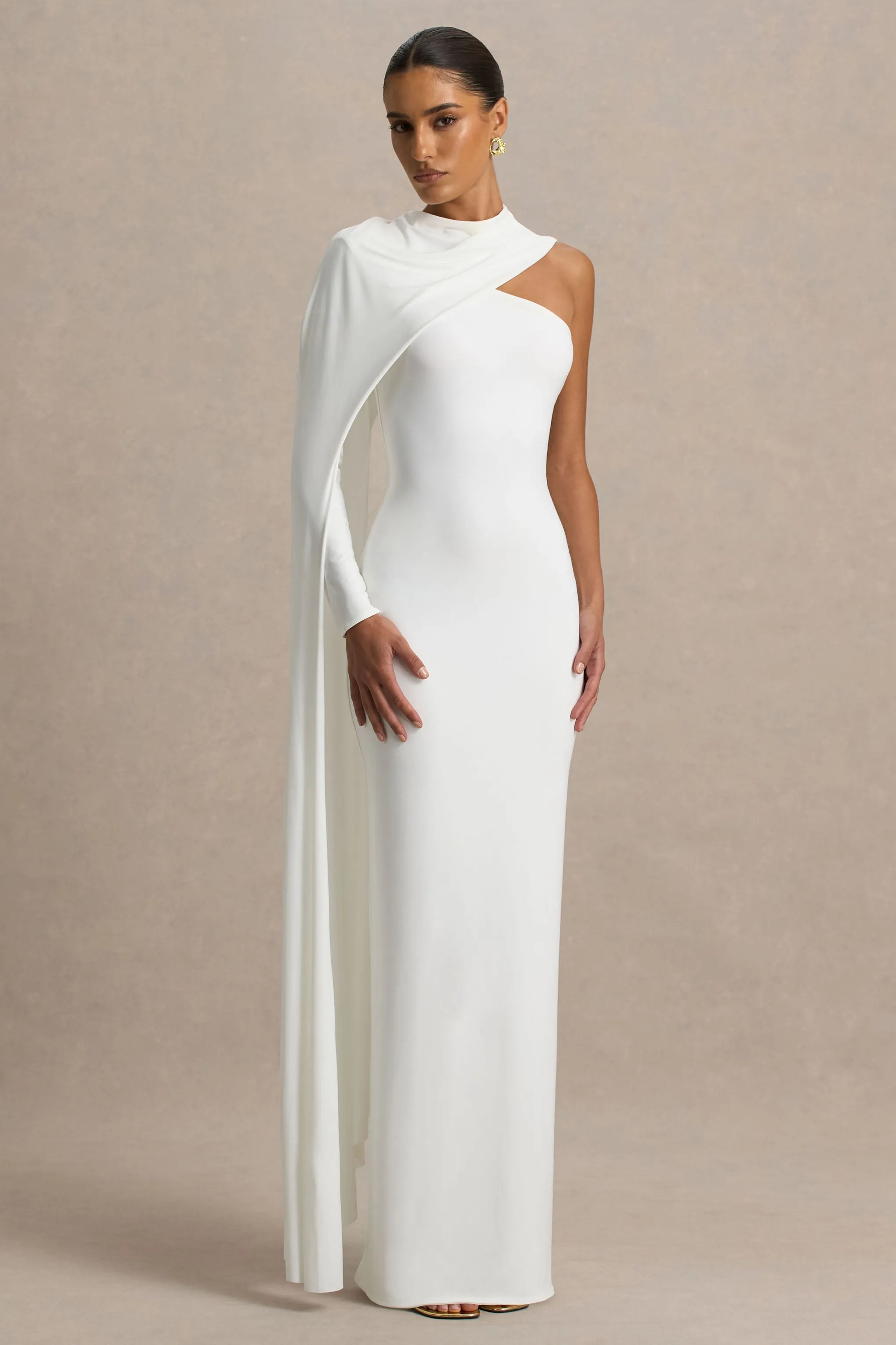 Dawn | Cream High-Neck Maxi Dress With One Long-Sleeve And Cape sold by Club L London