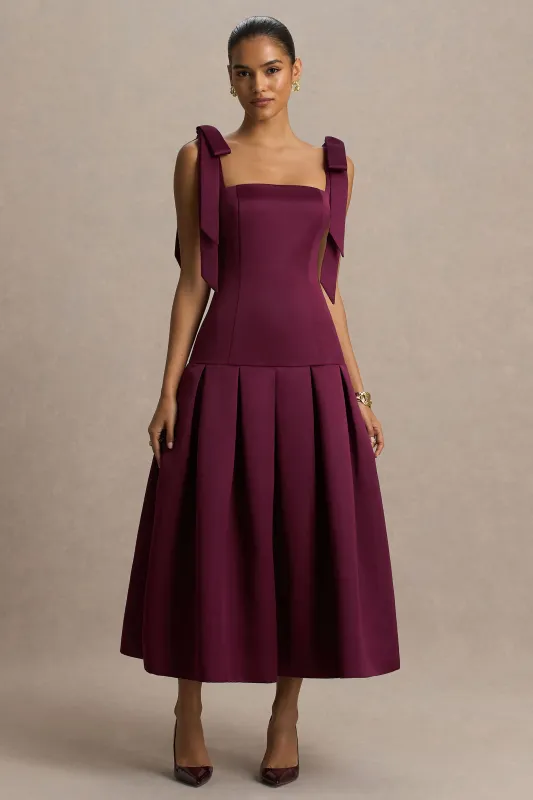 Alberta | Burgundy Satin Midi Dress With Bow Straps sold by Club L London