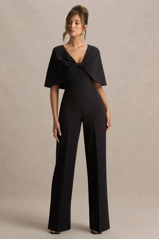 Vivid | Black Plunge-Neck Jumpsuit With Bow-Detail sold by Club L London