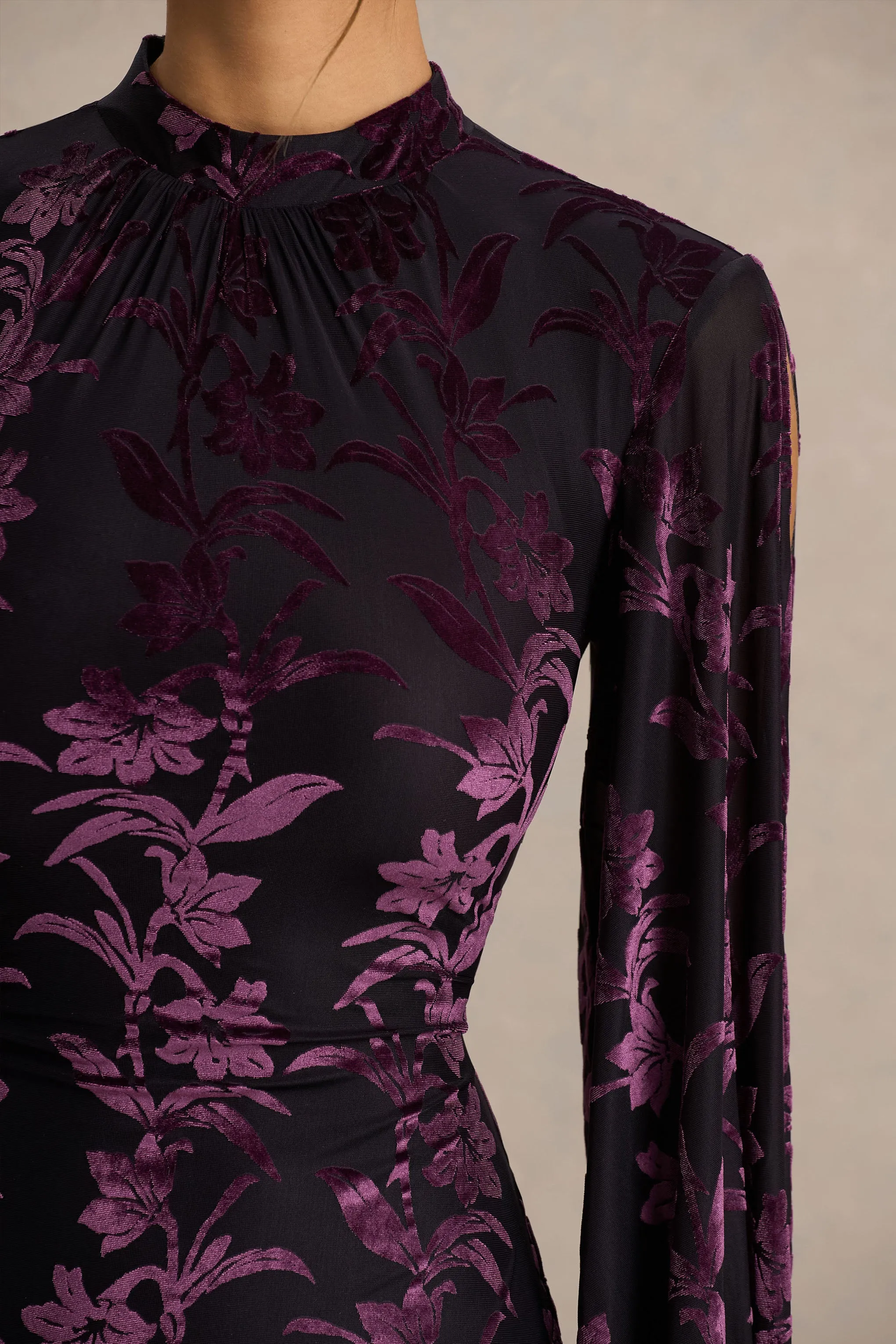 Janet | Black And Burgundy Devore High-Neck Maxi Dress With Cut-Out Details sold by Club L London product image thumbnail 3