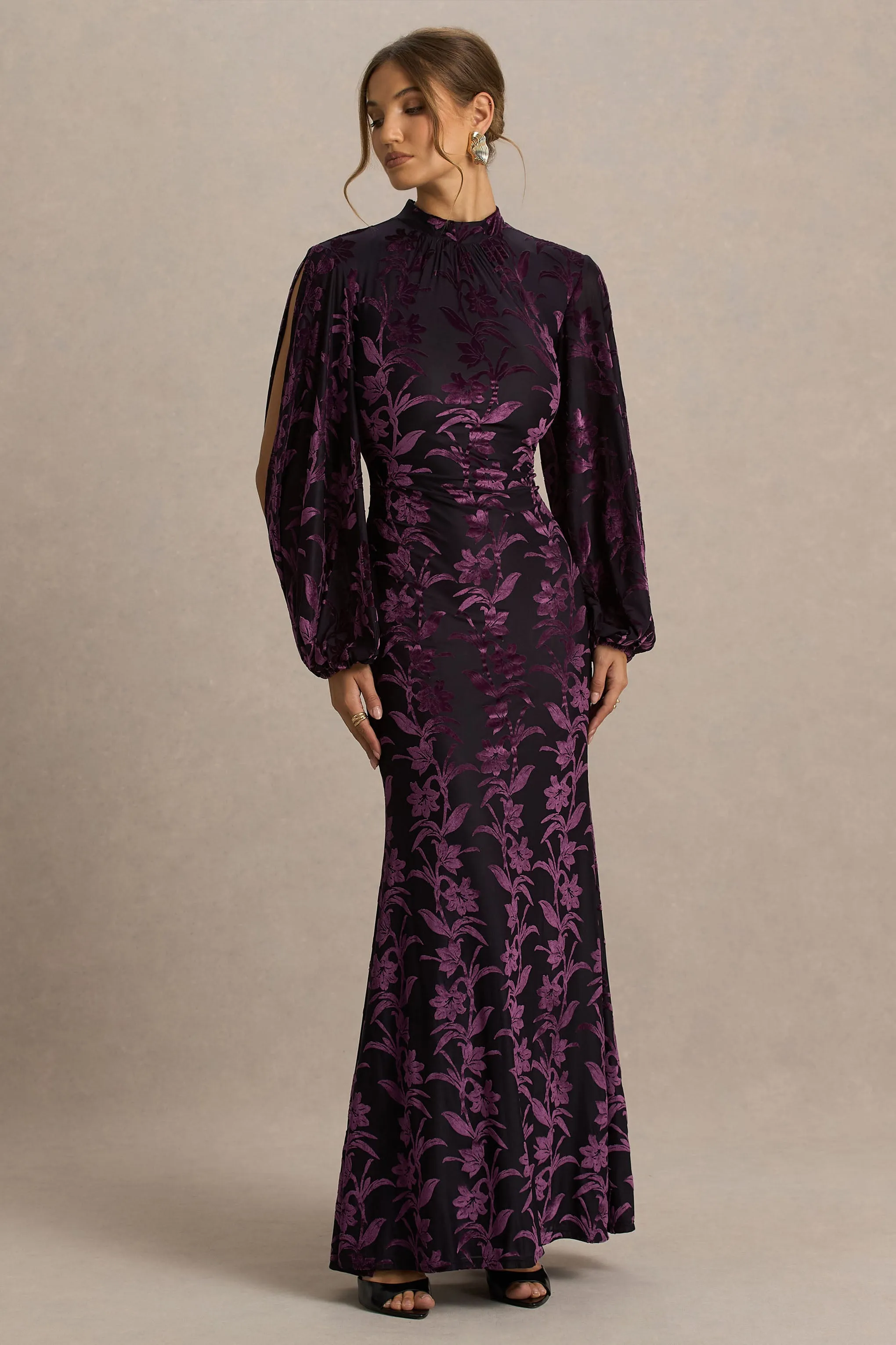 Janet | Black And Burgundy Devore High-Neck Maxi Dress With Cut-Out Details sold by Club L London product image thumbnail 4
