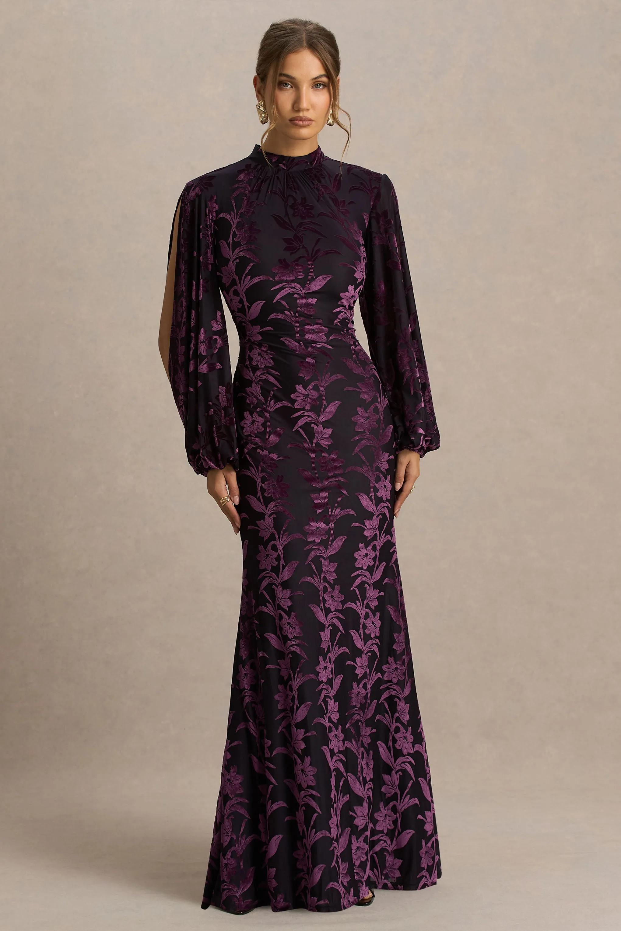 Janet | Black And Burgundy Devore High-Neck Maxi Dress With Cut-Out Details sold by Club L London