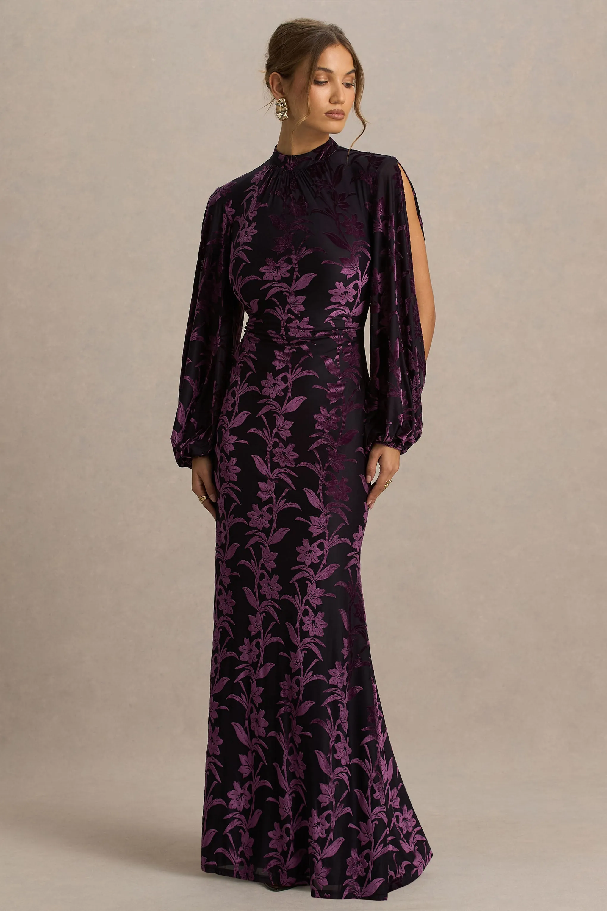 Janet | Black And Burgundy Devore High-Neck Maxi Dress With Cut-Out Details sold by Club L London product image thumbnail 5