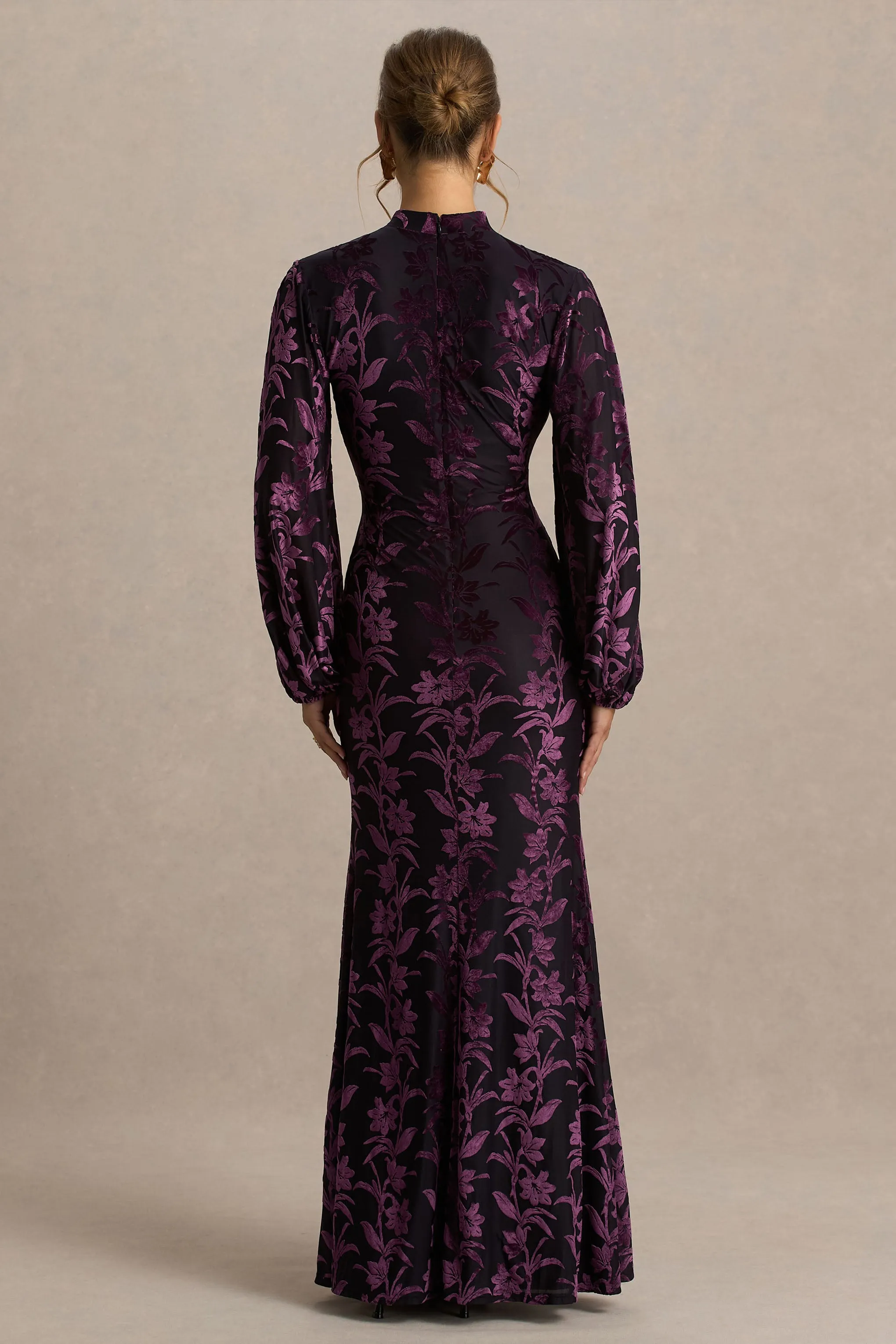 Janet | Black And Burgundy Devore High-Neck Maxi Dress With Cut-Out Details sold by Club L London product image thumbnail 2