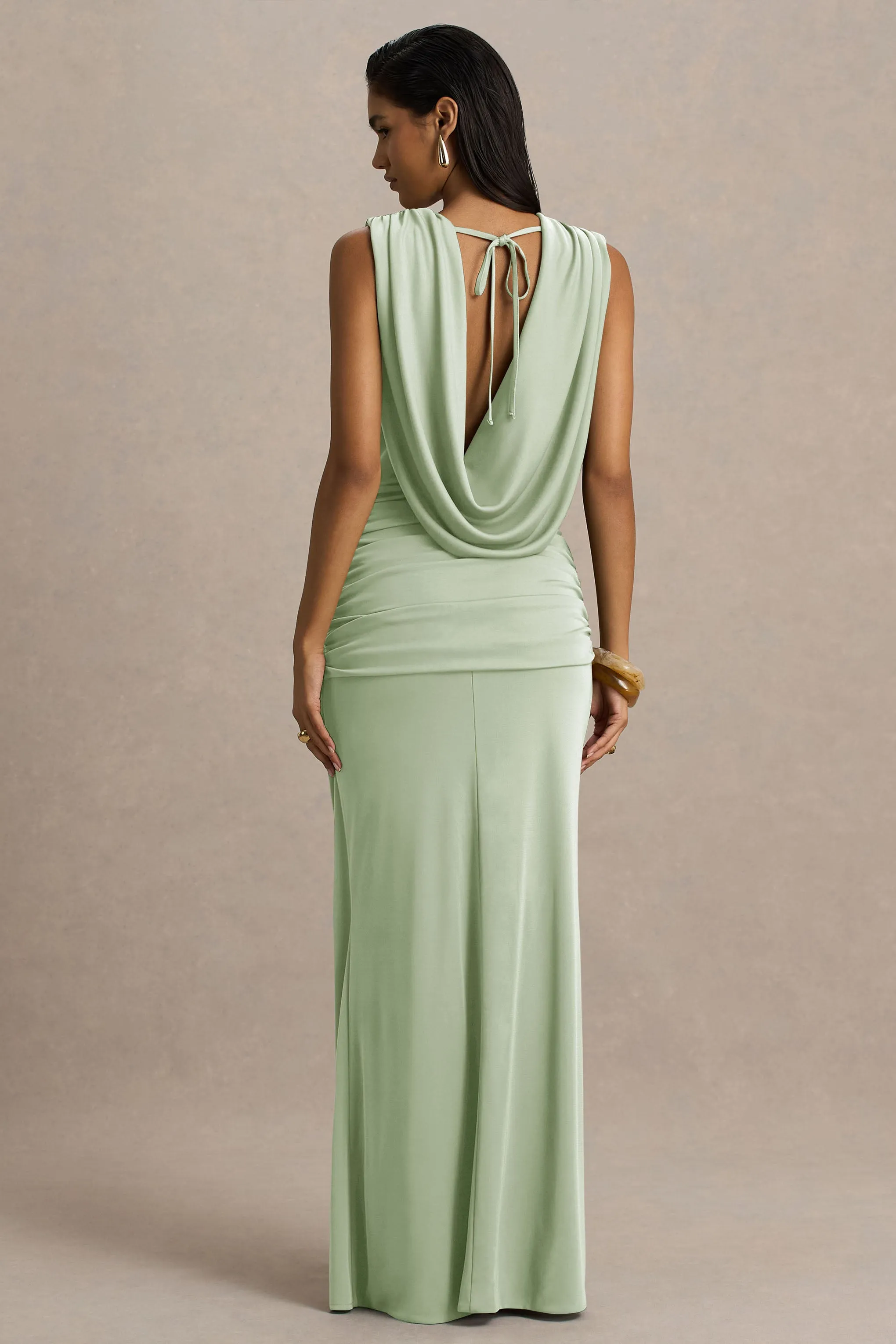 Serafina | Light Green Extreme-Plunge Neck Maxi Dress With Wrap And Ruched Details sold by Club L London product image thumbnail 2