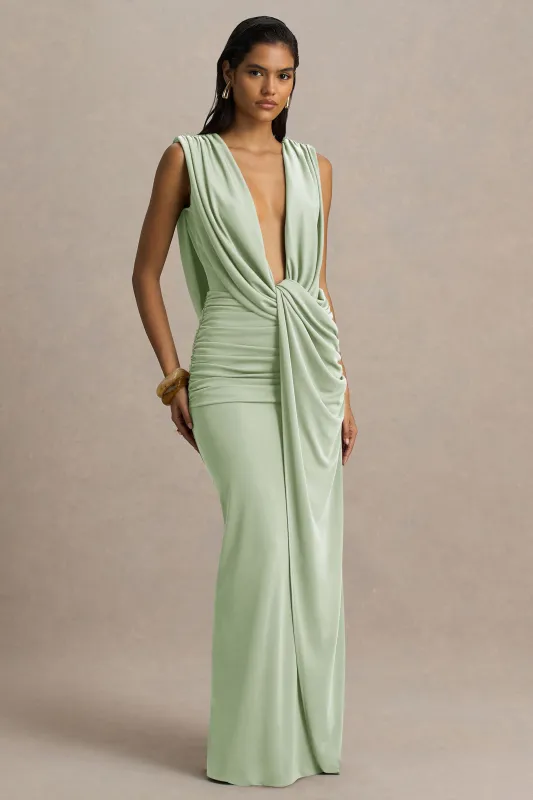 Serafina | Light Green Extreme-Plunge Neck Maxi Dress With Wrap And Ruched Details sold by Club L London