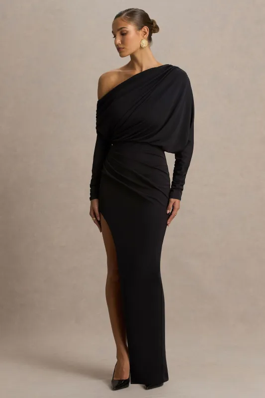 Olivia | Black Asymmetric-Neck Maxi Dress With Ruched Detailing And Front-High Split sold by Club L London