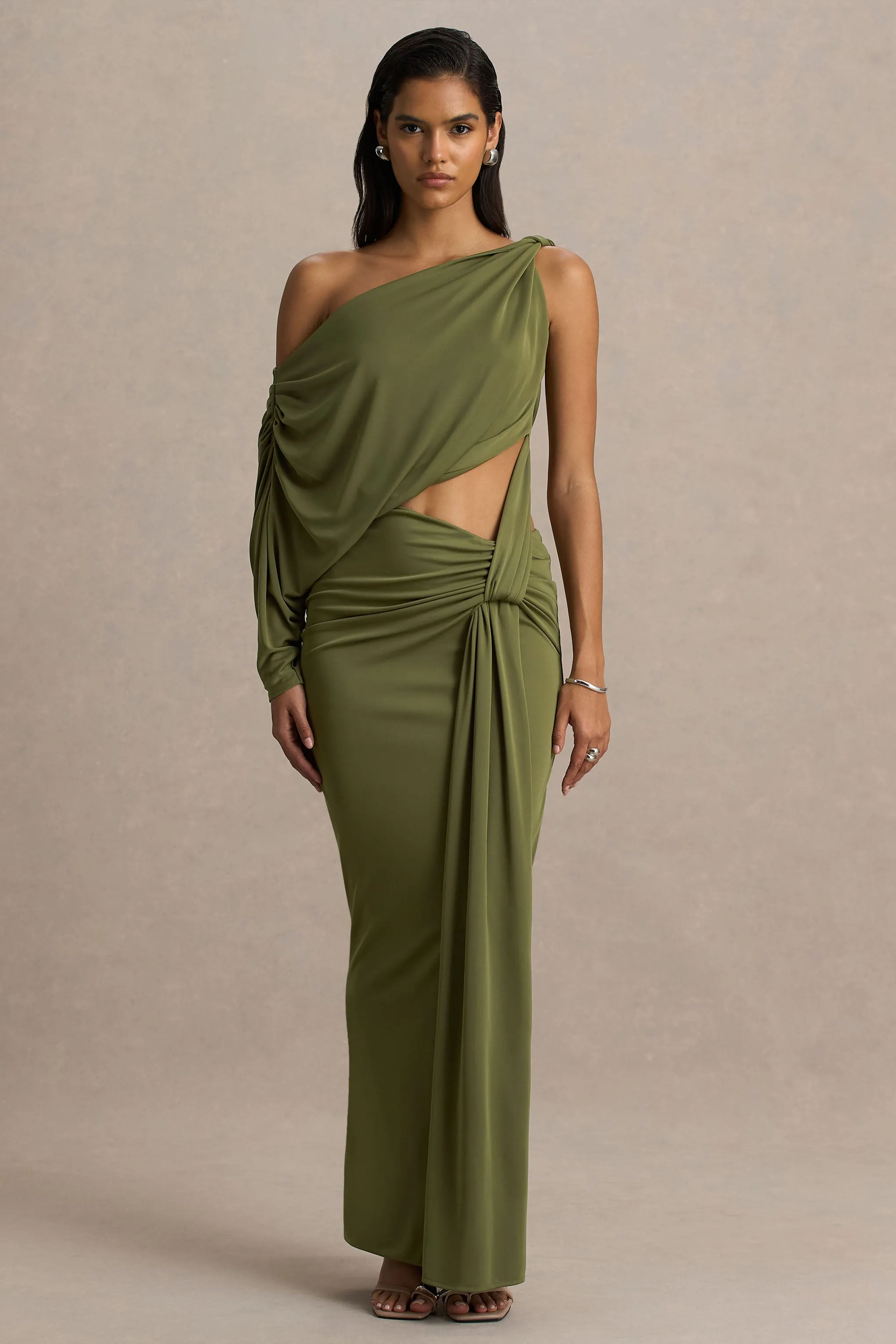 Layla | Olive Asymmetric-Neck Wrap Maxi Dress With Body Cut-Out And Ruched Detailing sold by Club L London product image thumbnail 5