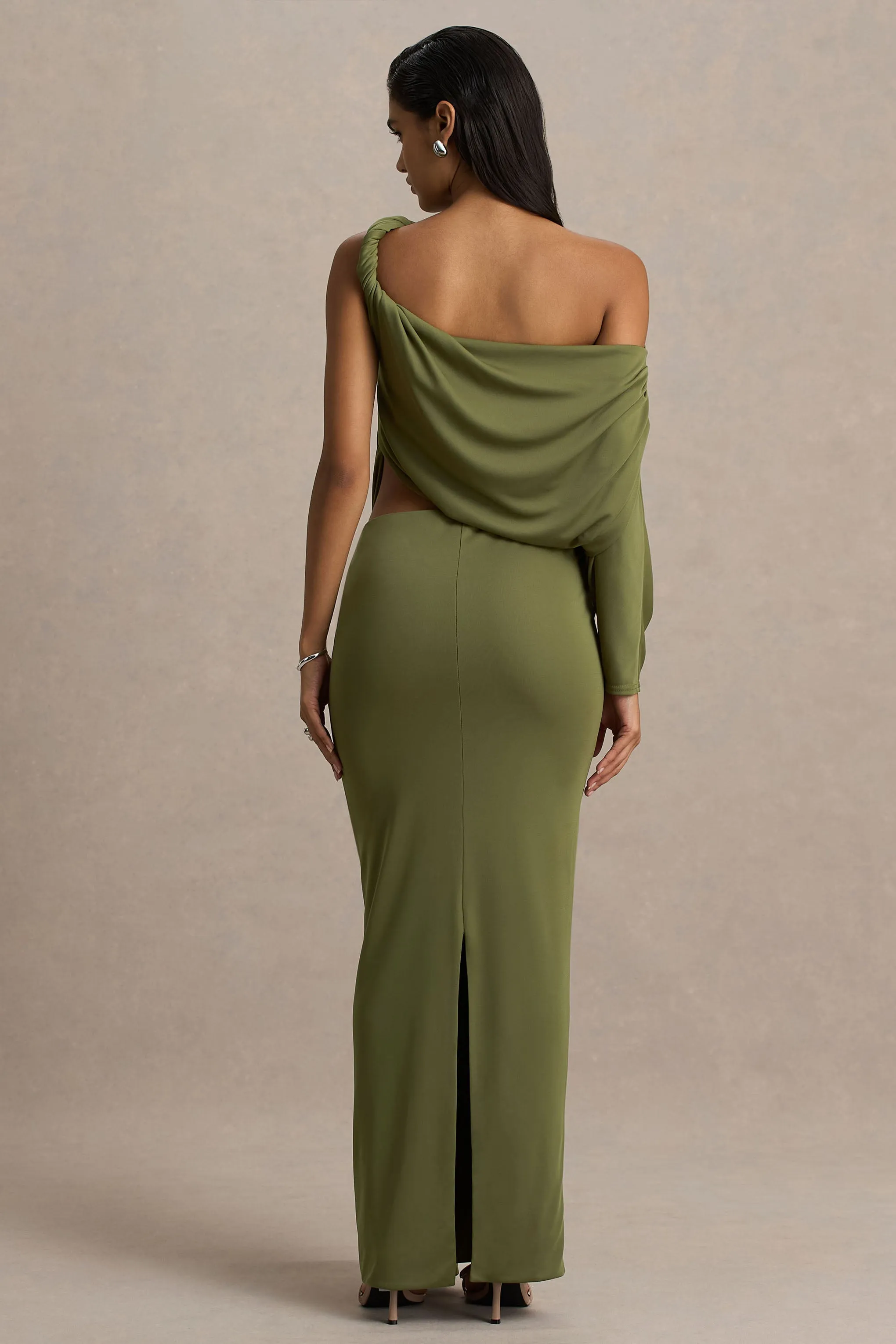 Layla | Olive Asymmetric-Neck Wrap Maxi Dress With Body Cut-Out And Ruched Detailing sold by Club L London product image thumbnail 2