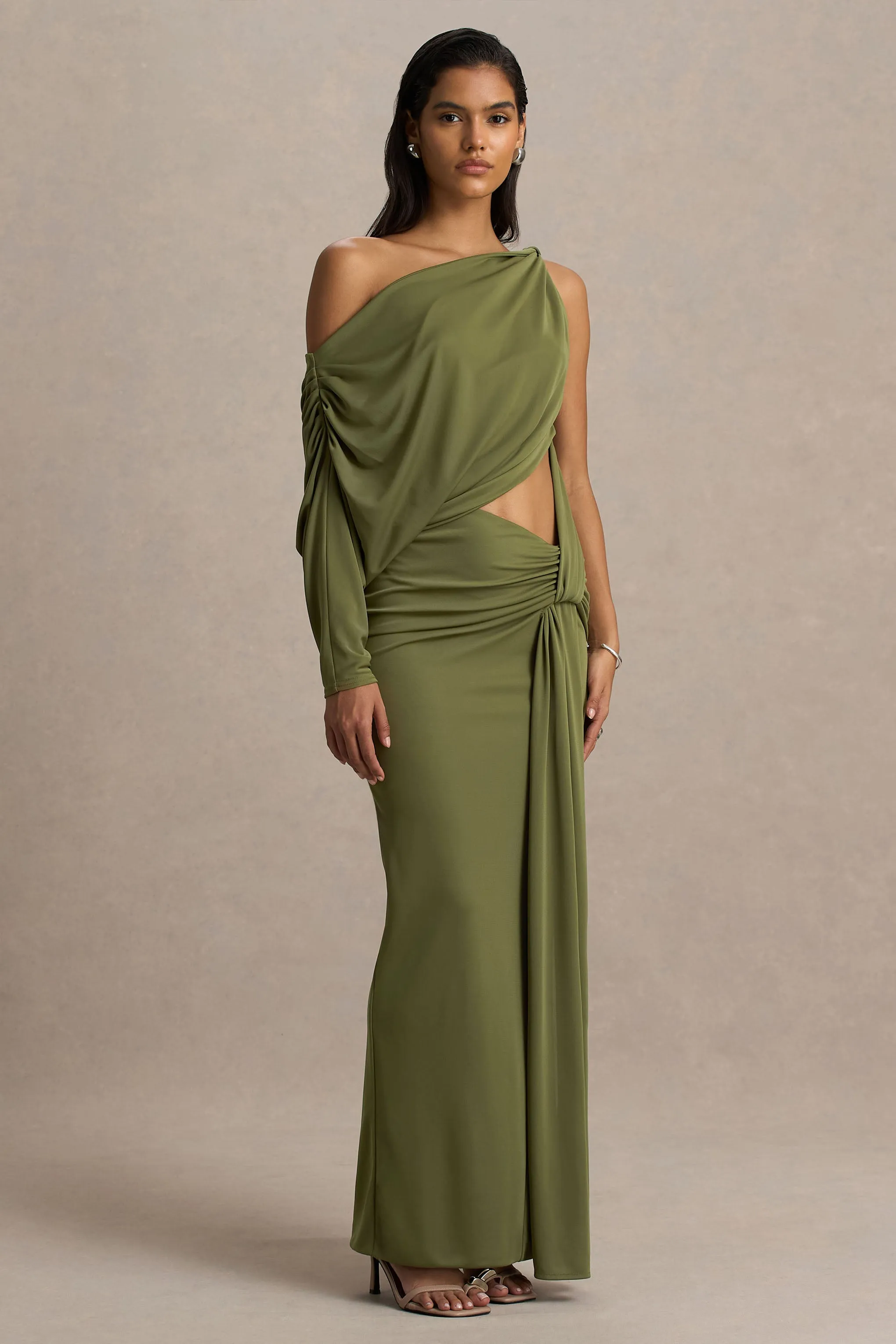 Layla | Olive Asymmetric-Neck Wrap Maxi Dress With Body Cut-Out And Ruched Detailing sold by Club L London product image thumbnail 3