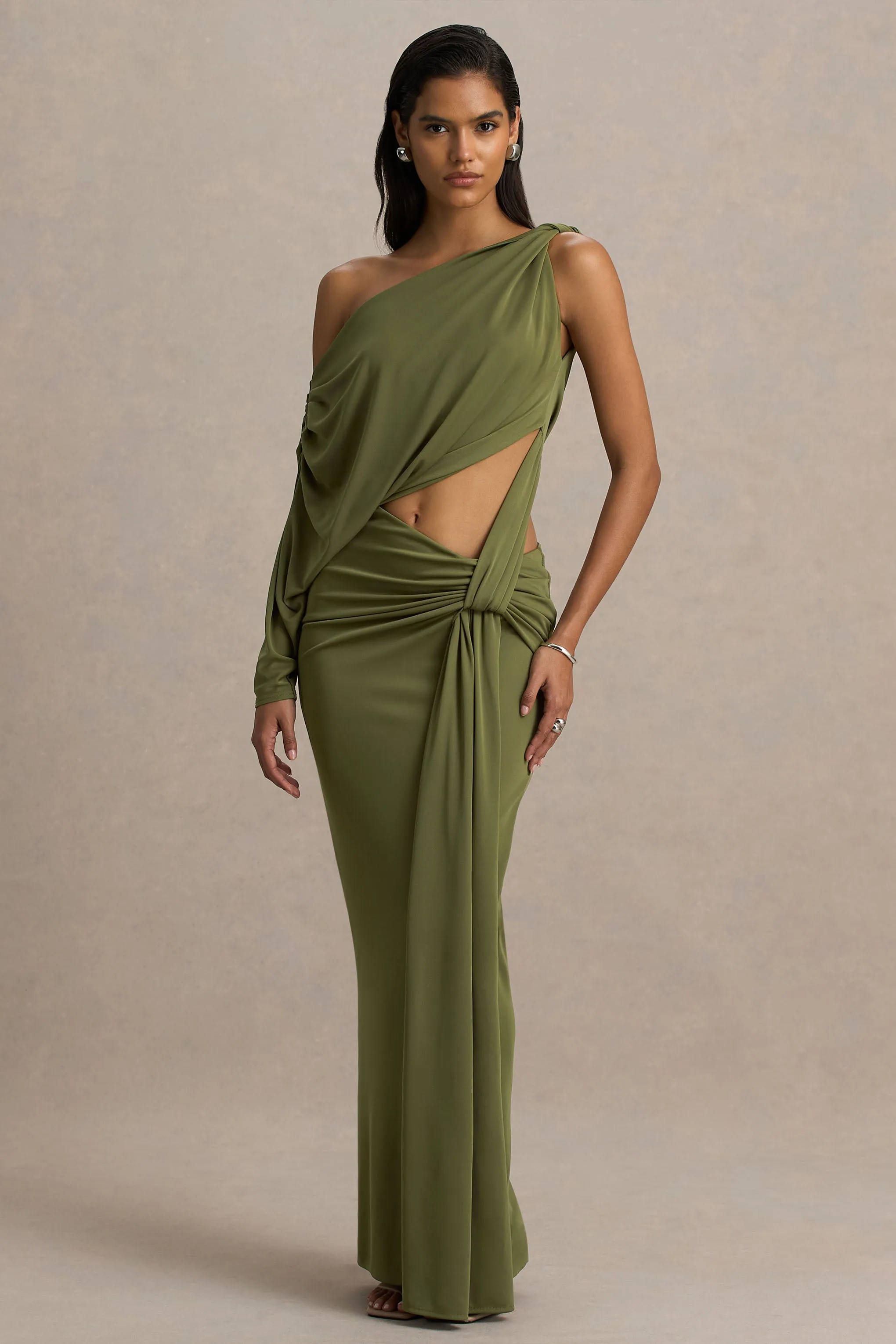 Layla | Olive Asymmetric-Neck Wrap Maxi Dress With Body Cut-Out And Ruched Detailing sold by Club L London