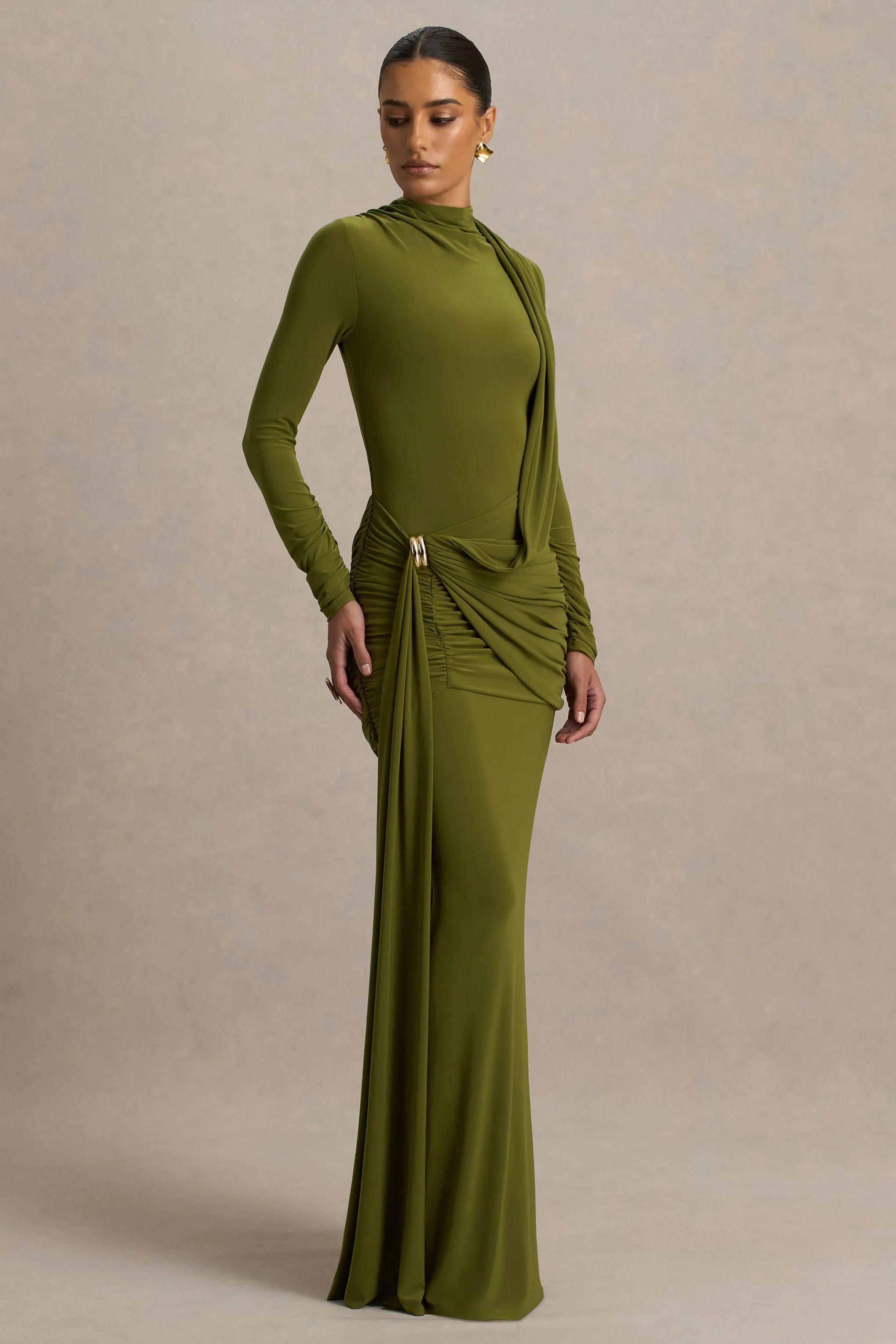Melissa | Olive Long-Sleeve Wrap Maxi Dress With Ruched Detailing sold by Club L London product image thumbnail 5