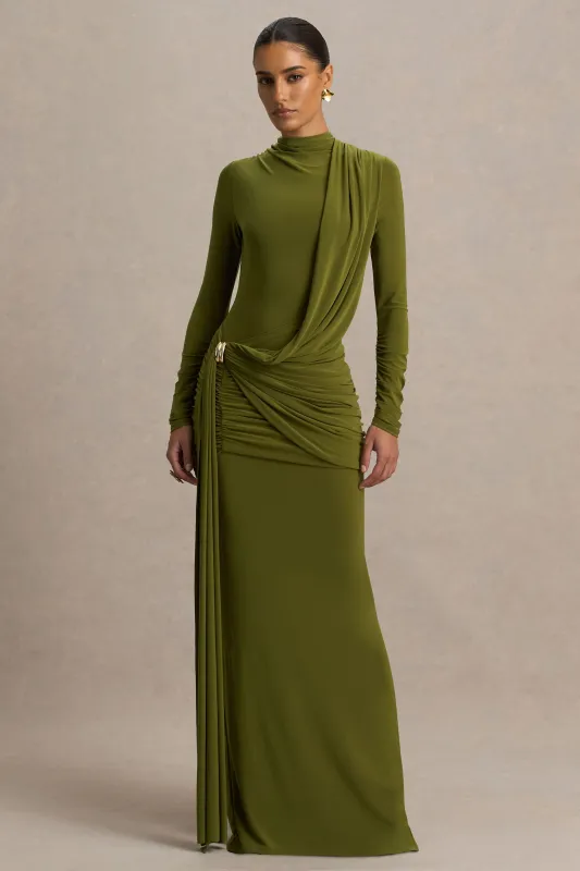 Melissa | Olive Long-Sleeve Wrap Maxi Dress With Ruched Detailing sold by Club L London