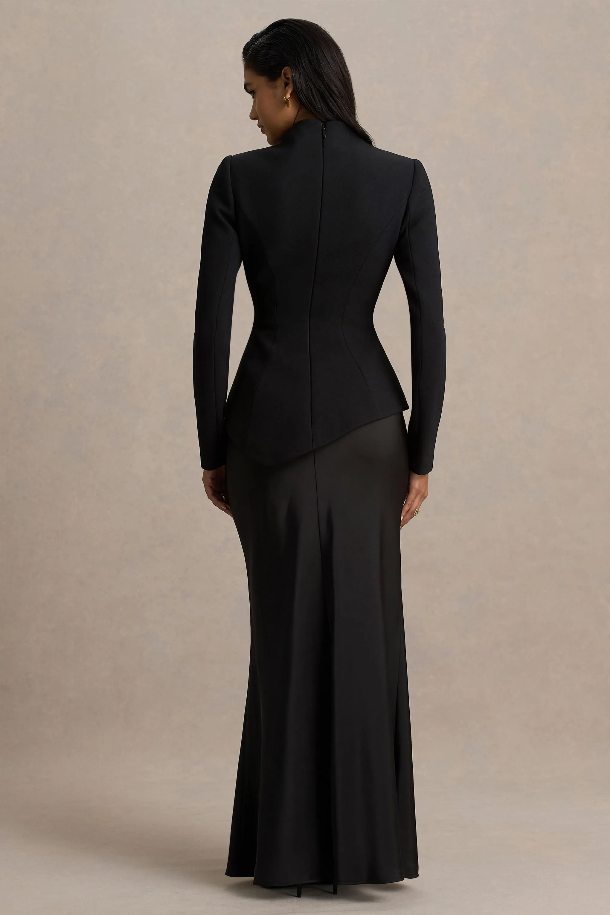 Pepita | Black High-Neck Tailored Maxi Dress With Drop-Waist And Satin Skirt sold by Club L London product image thumbnail 2