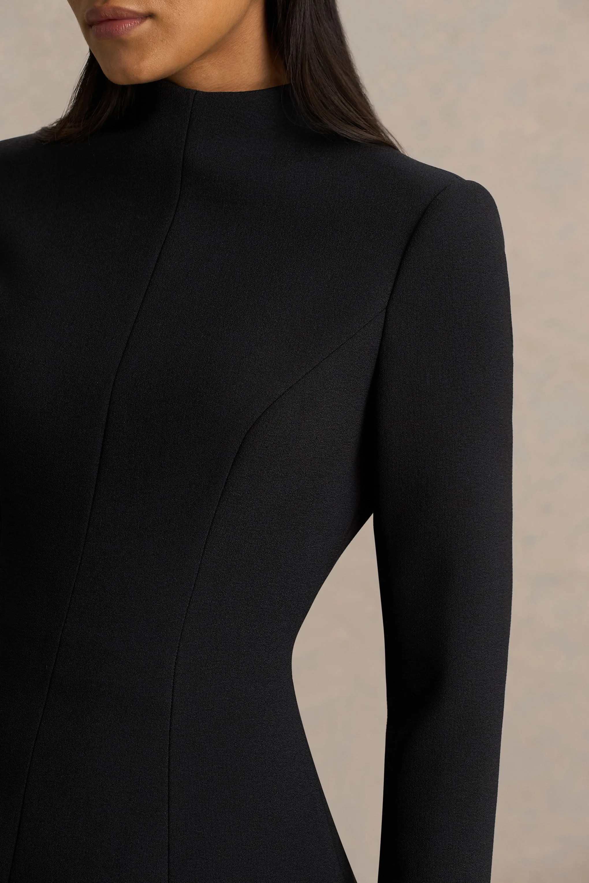 Pepita | Black High-Neck Tailored Maxi Dress With Drop-Waist And Satin Skirt sold by Club L London product image thumbnail 3