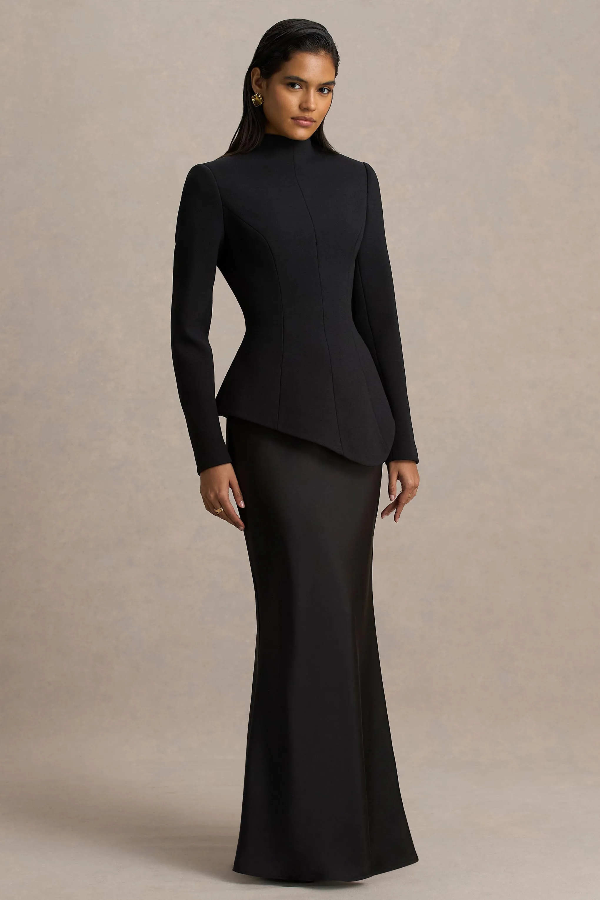 Pepita | Black High-Neck Tailored Maxi Dress With Drop-Waist And Satin Skirt sold by Club L London product image thumbnail 4