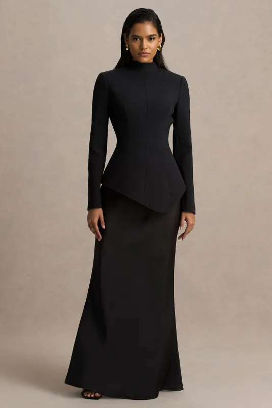 Pepita | Black High-Neck Tailored Maxi Dress With Drop-Waist And Satin Skirt sold by Club L London