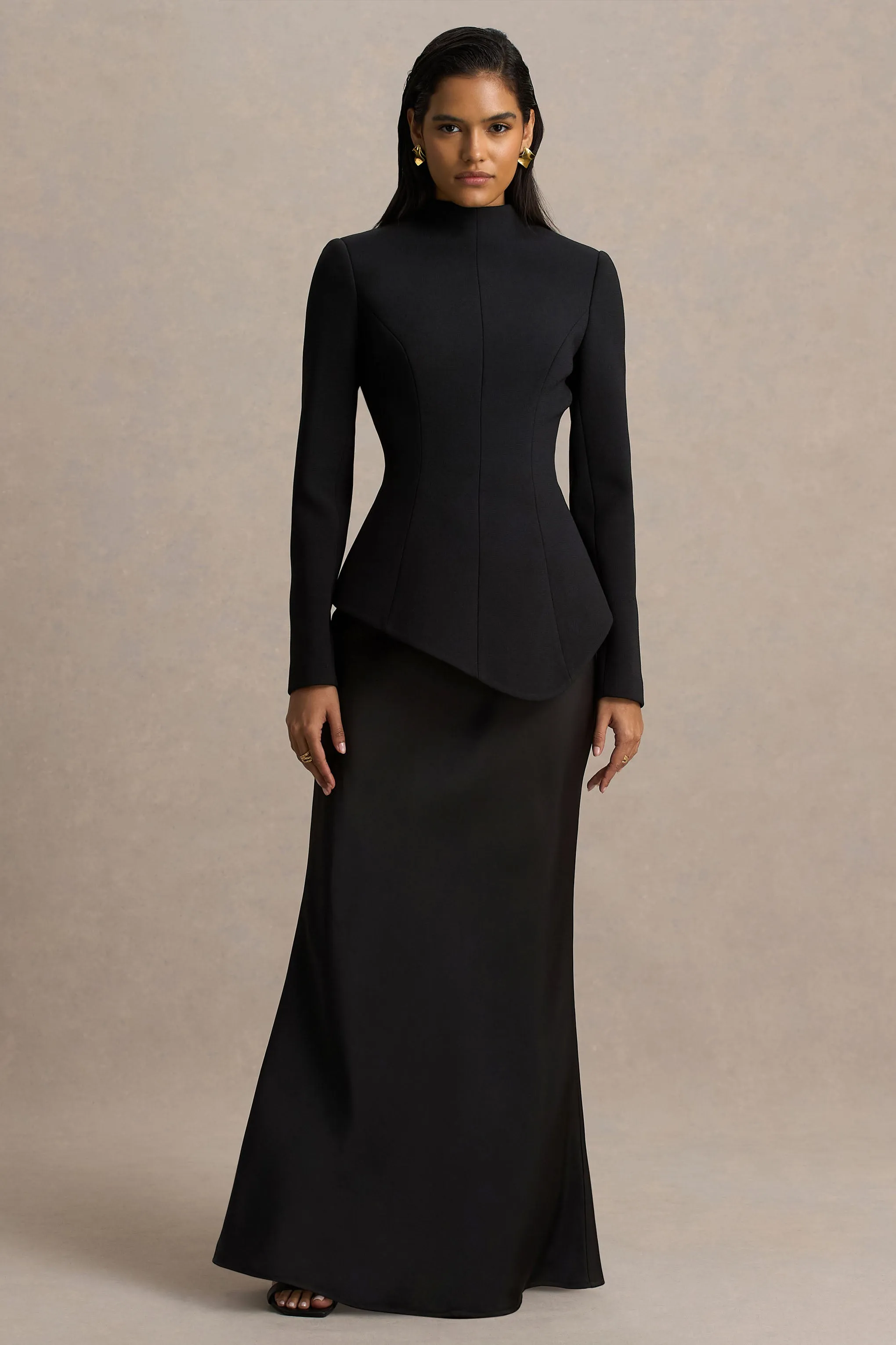 Pepita | Black High-Neck Tailored Maxi Dress With Drop-Waist And Satin Skirt sold by Club L London