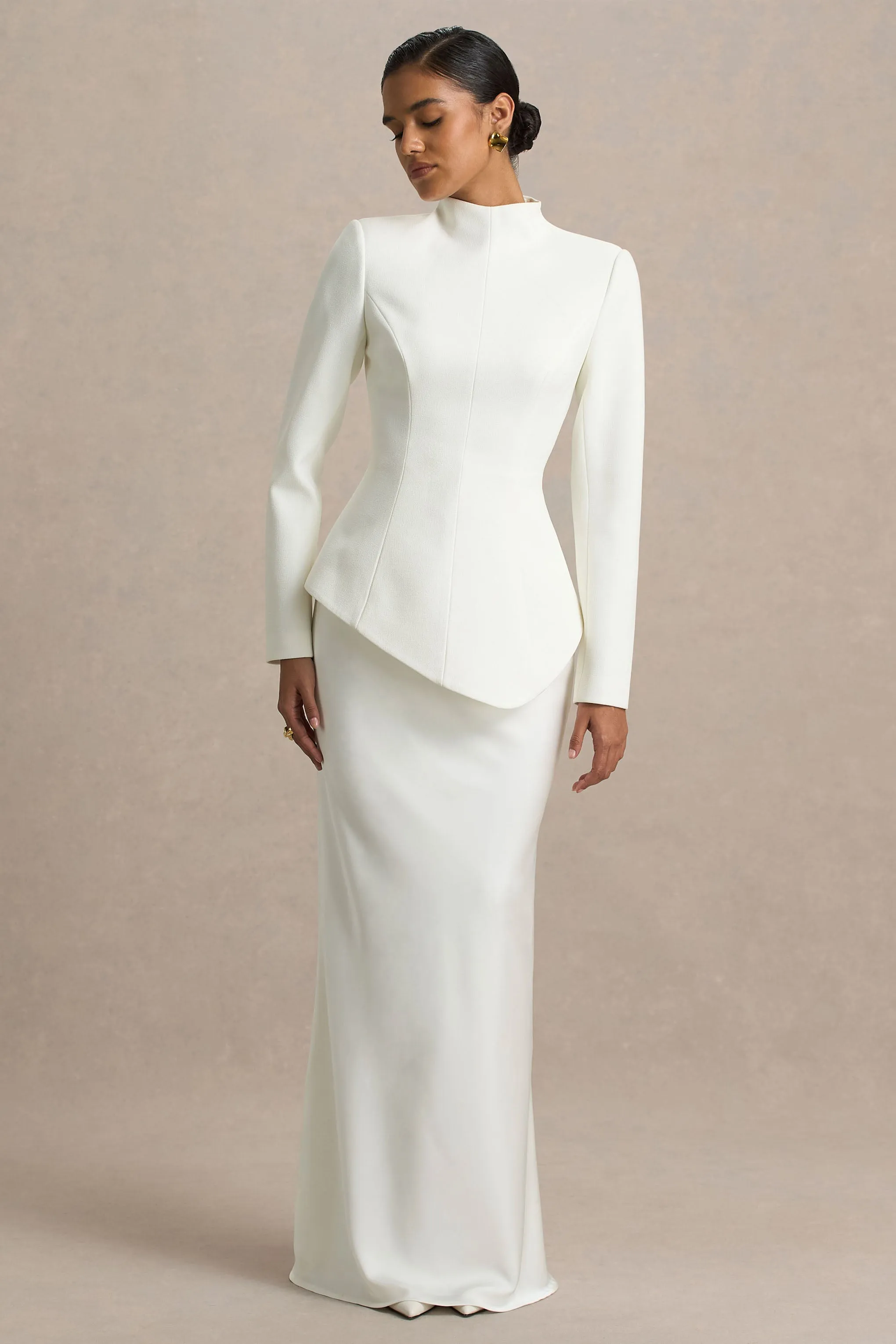 Pepita | Cream High-Neck Tailored Maxi Dress With Drop-Waist And Satin Skirt sold by Club L London product image thumbnail 5