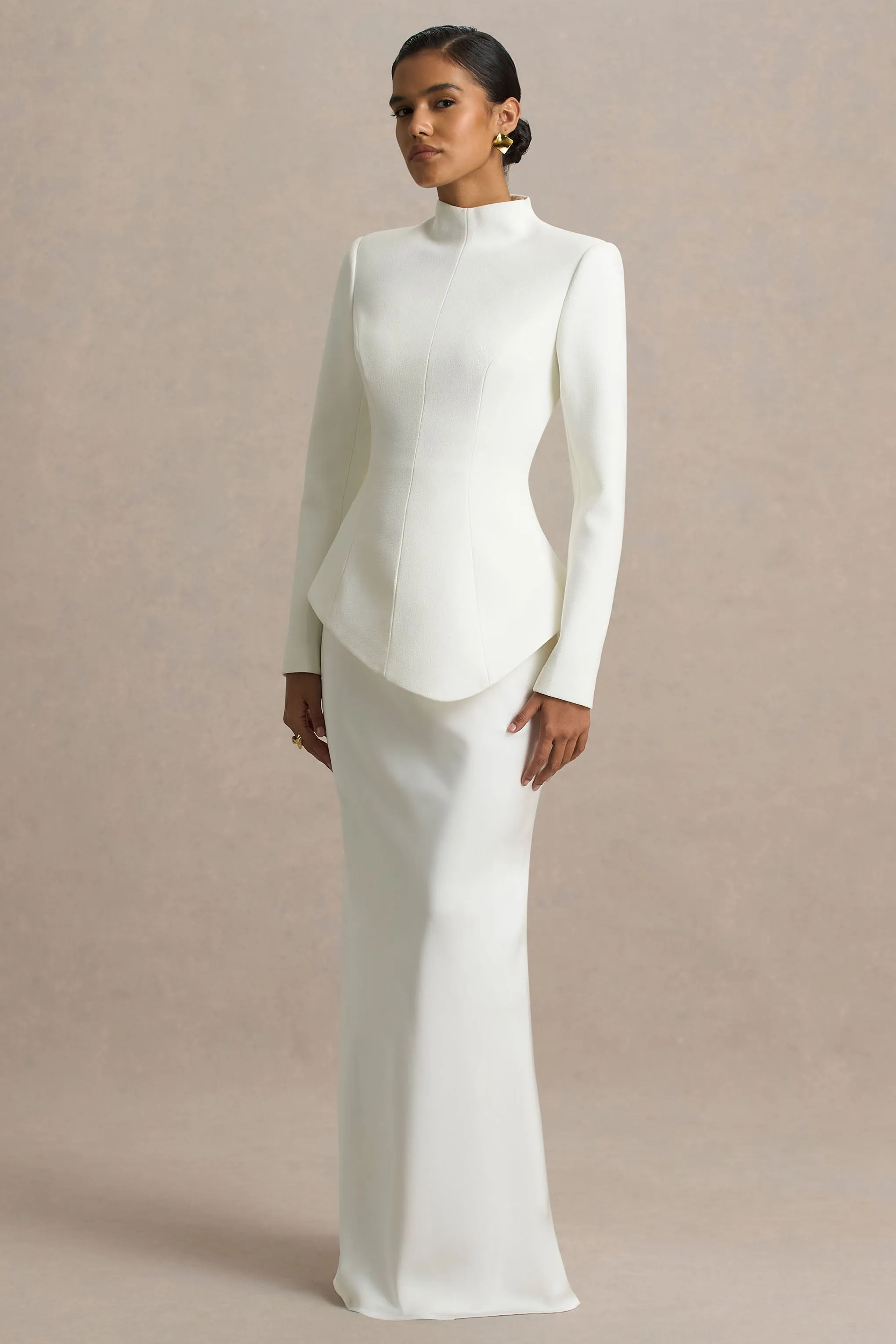 Pepita | Cream High-Neck Tailored Maxi Dress With Drop-Waist And Satin Skirt sold by Club L London