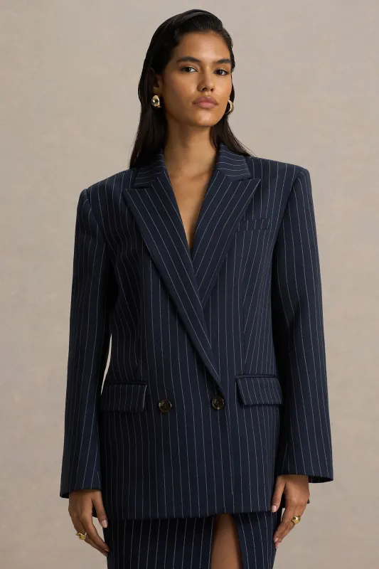 Alana | Navy Pinstripe Plunge-Neck Tailored Blazer sold by Club L London