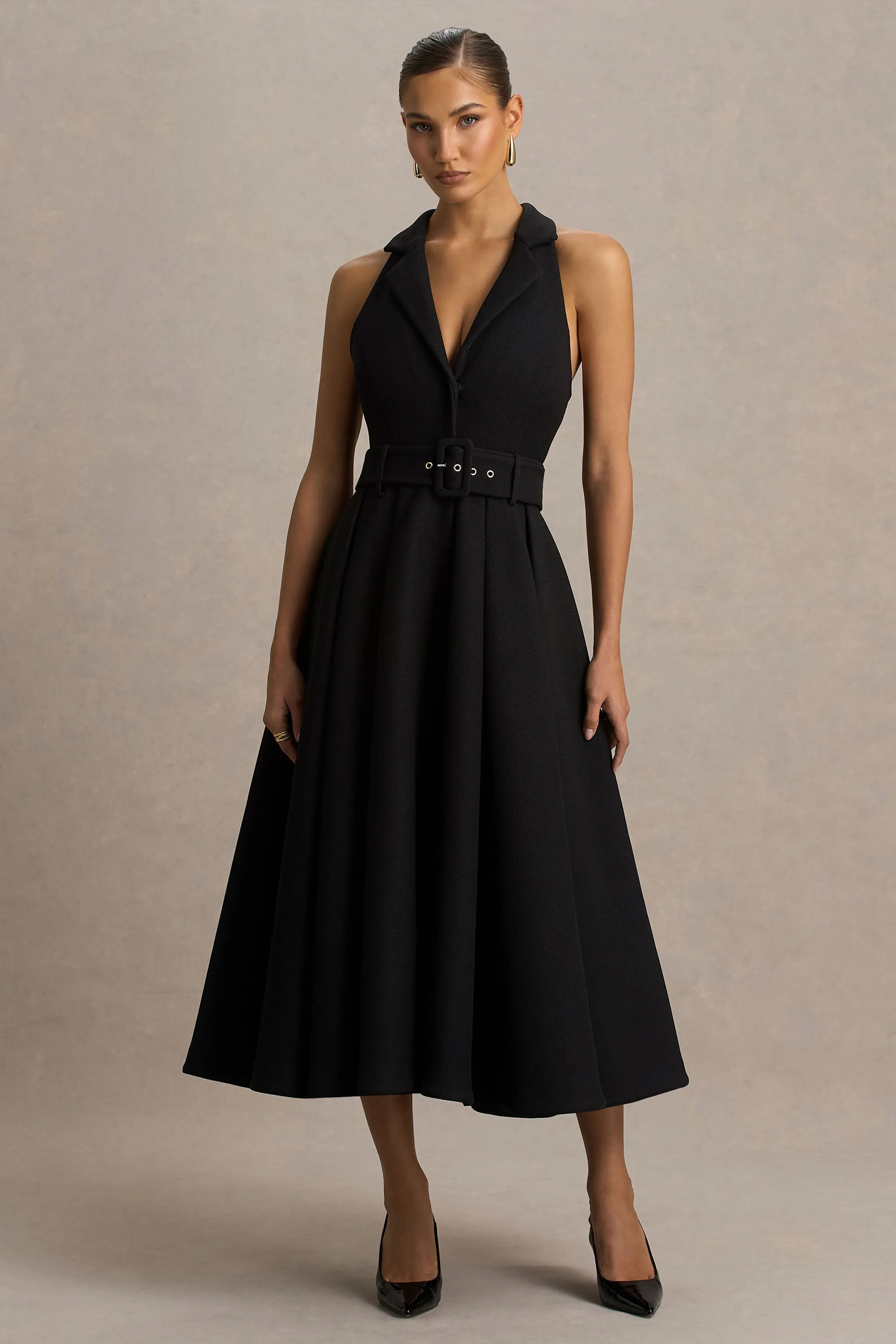 Alissa | Black Plunge-Neck Tailored Midi Dress sold by Club L London