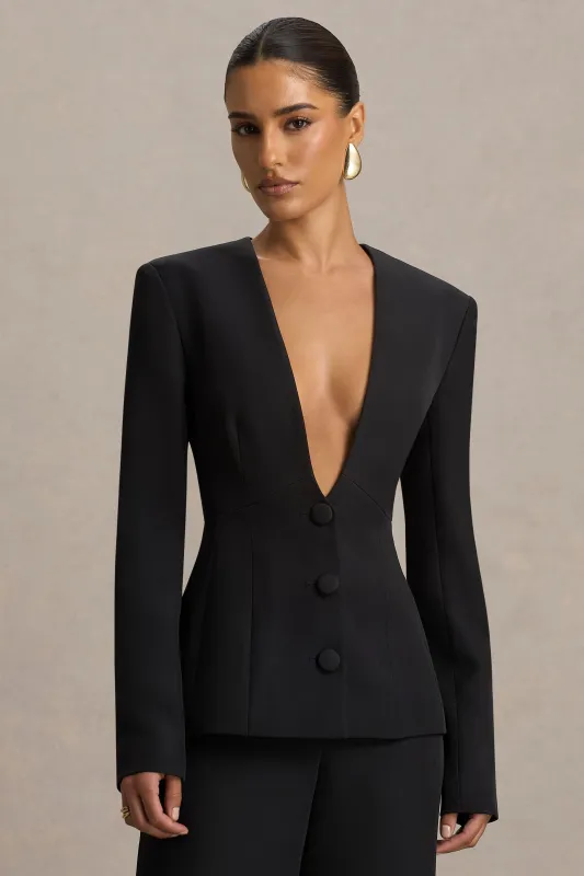 Rosalina | Black Extreme-Plunge Neck Tailored Blazer sold by Club L London