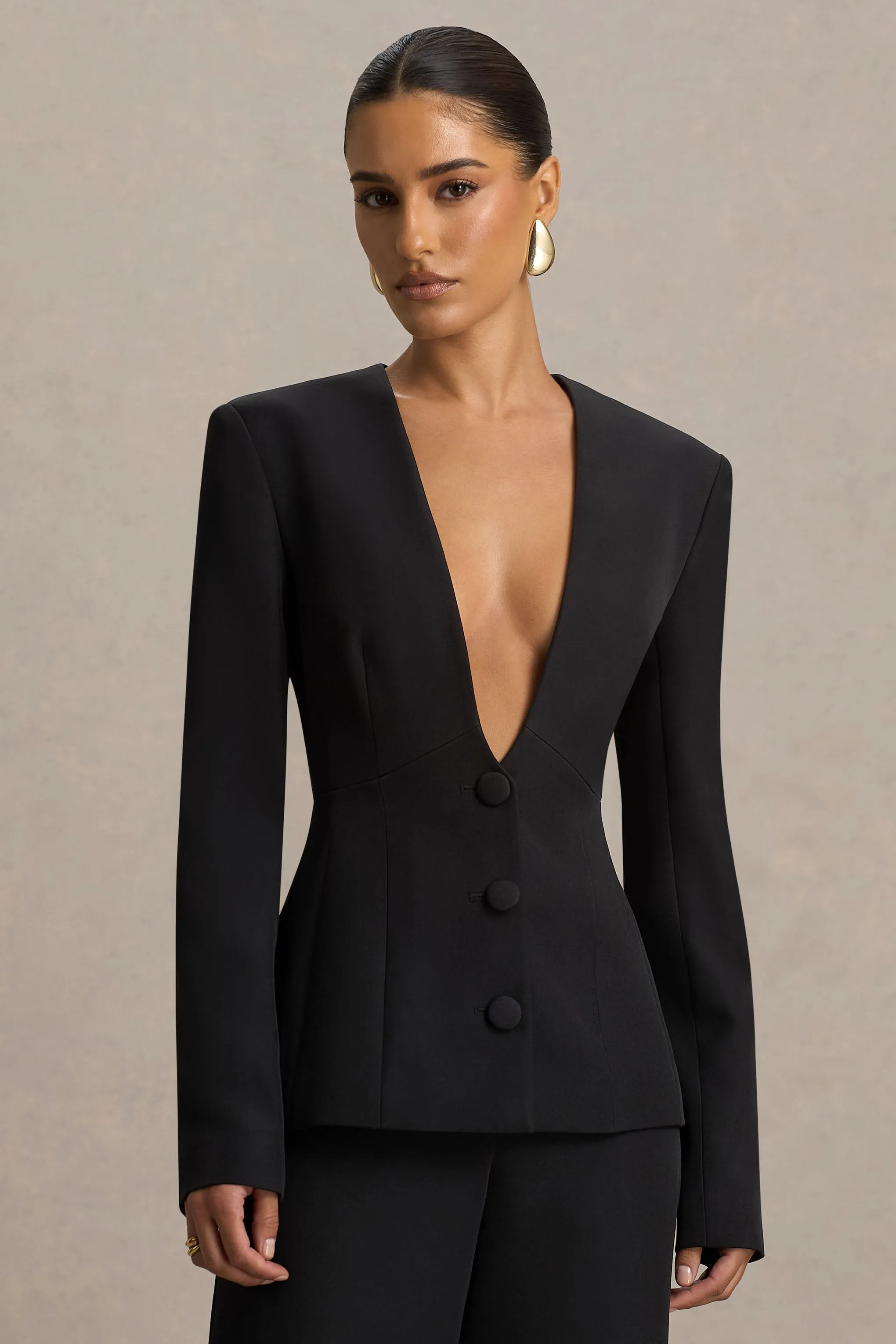 Rosalina | Black Extreme-Plunge Neck Tailored Blazer sold by Club L London