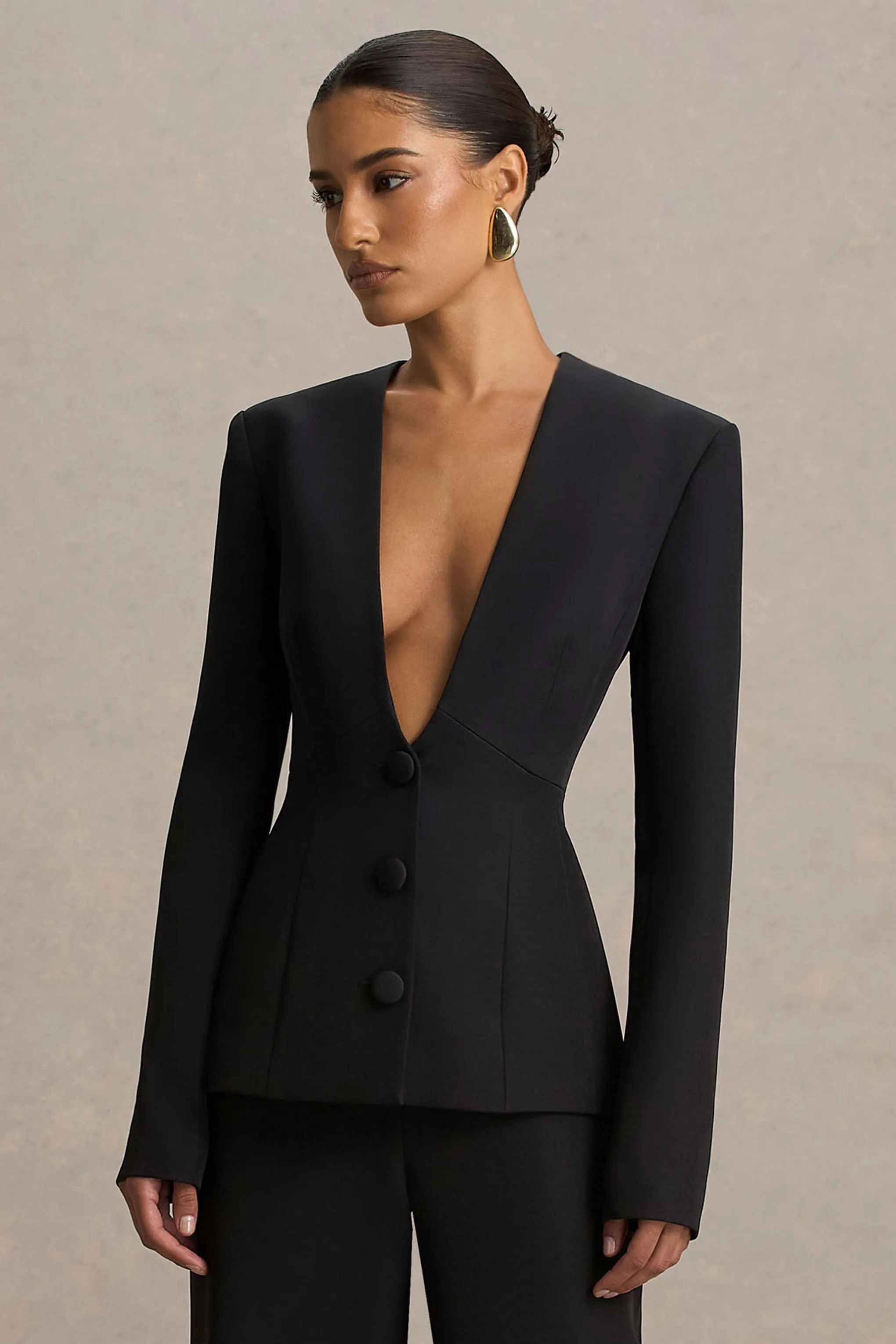 Rosalina | Black Extreme-Plunge Neck Tailored Blazer sold by Club L London product image thumbnail 4
