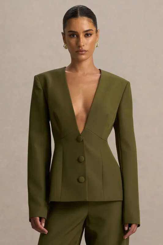 Rosalina | Olive Extreme-Plunge Neck Tailored Blazer sold by Club L London