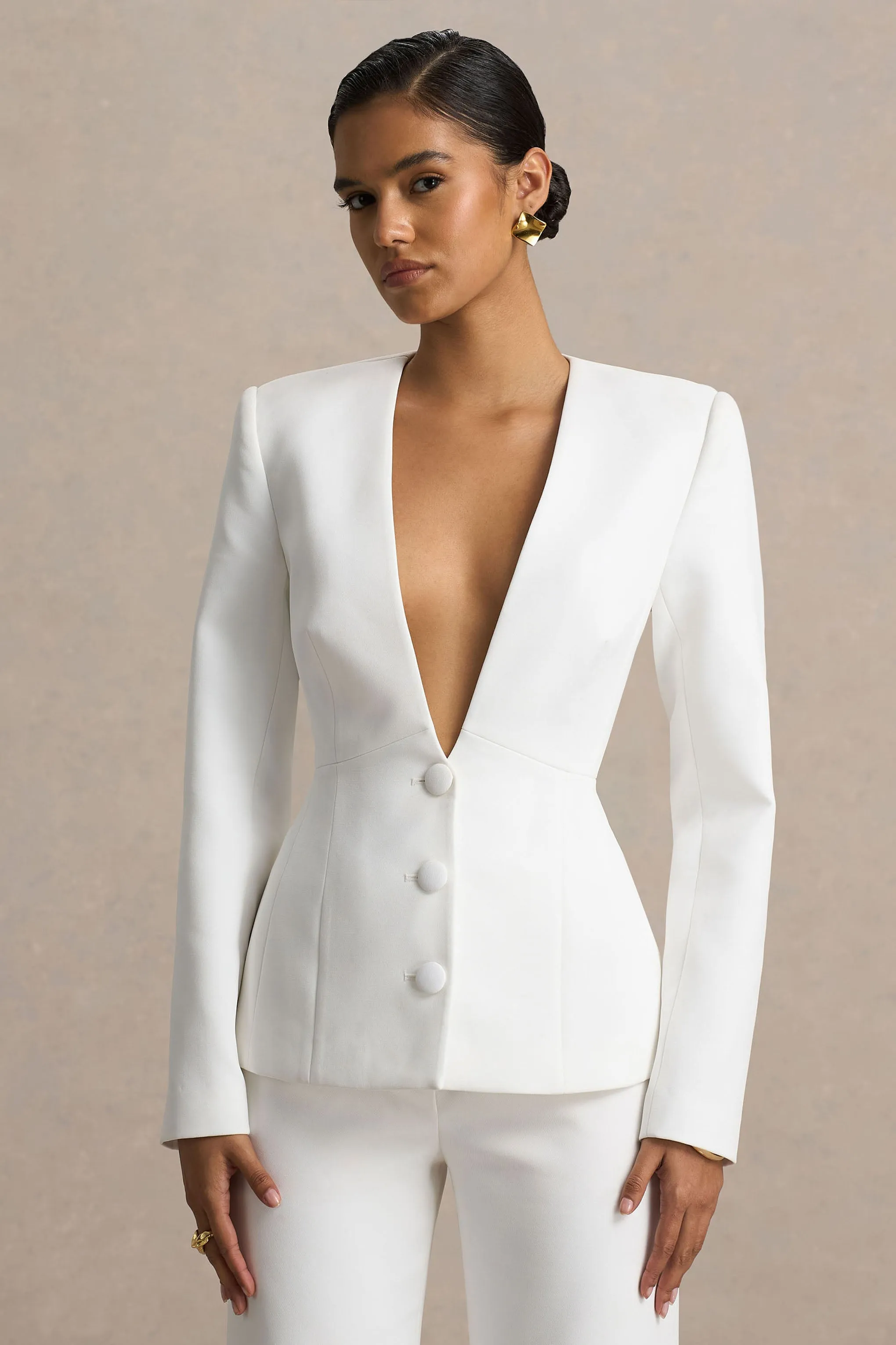 Rosalina | White Extreme-Plunge Neck Tailored Blazer sold by Club L London product image thumbnail 4