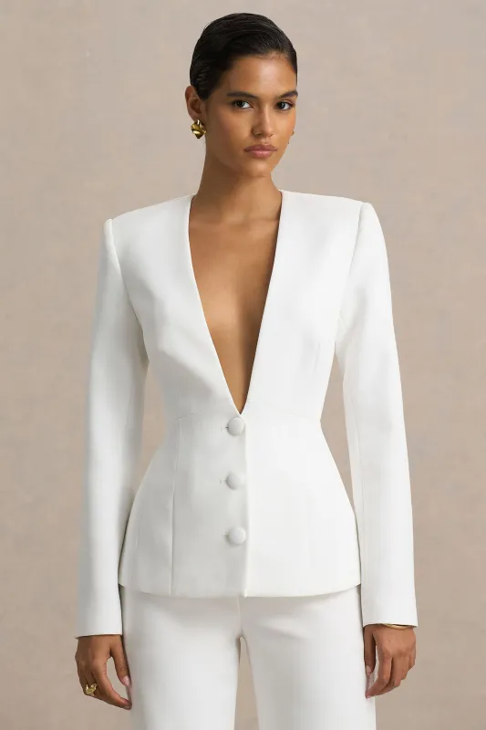 Rosalina | White Extreme-Plunge Neck Tailored Blazer sold by Club L London