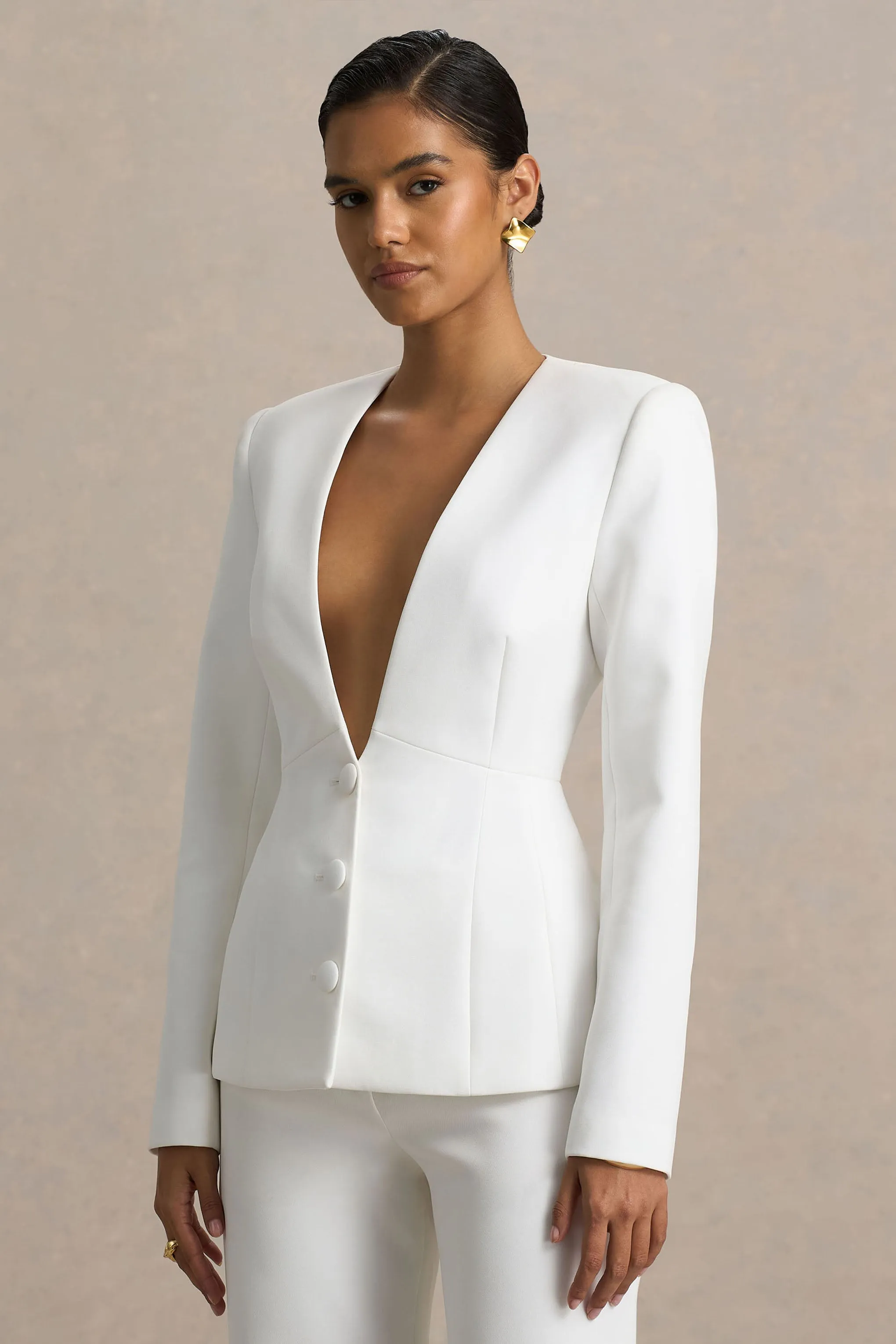 Rosalina | White Extreme-Plunge Neck Tailored Blazer sold by Club L London product image thumbnail 5