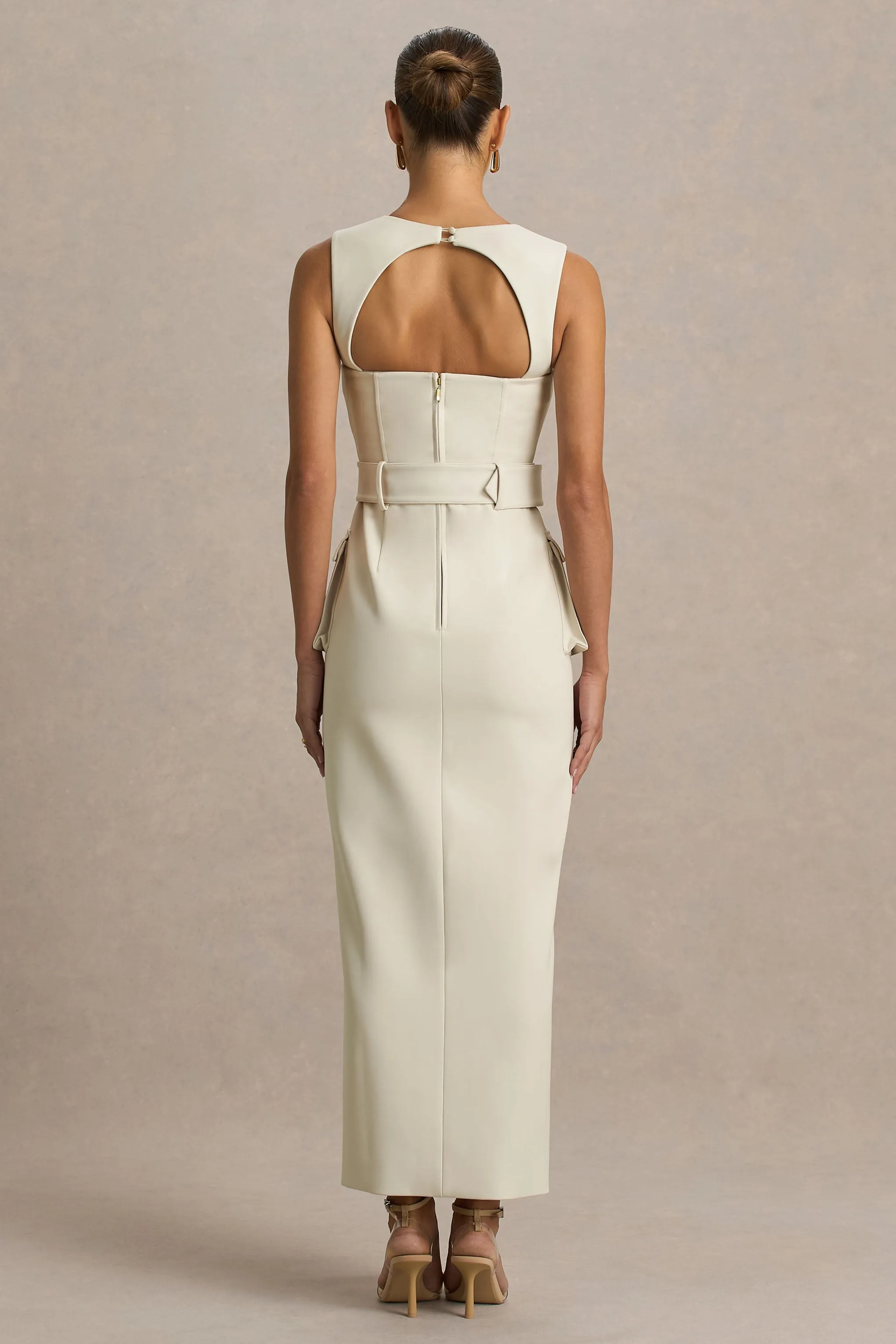 Sandra | Nude Square-Neck Tailored Maxi Dress With Front-High Split sold by Club L London product image thumbnail 2