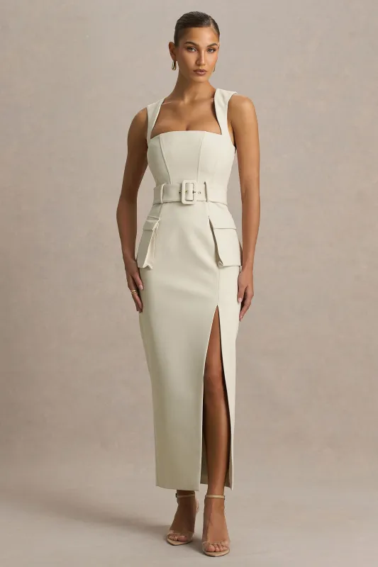 Sandra | Nude Square-Neck Tailored Maxi Dress With Front-High Split sold by Club L London