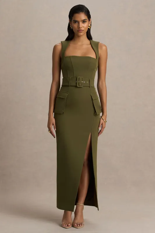 Sandra | Olive Square-Neck Tailored Maxi Dress With Front-High Split sold by Club L London