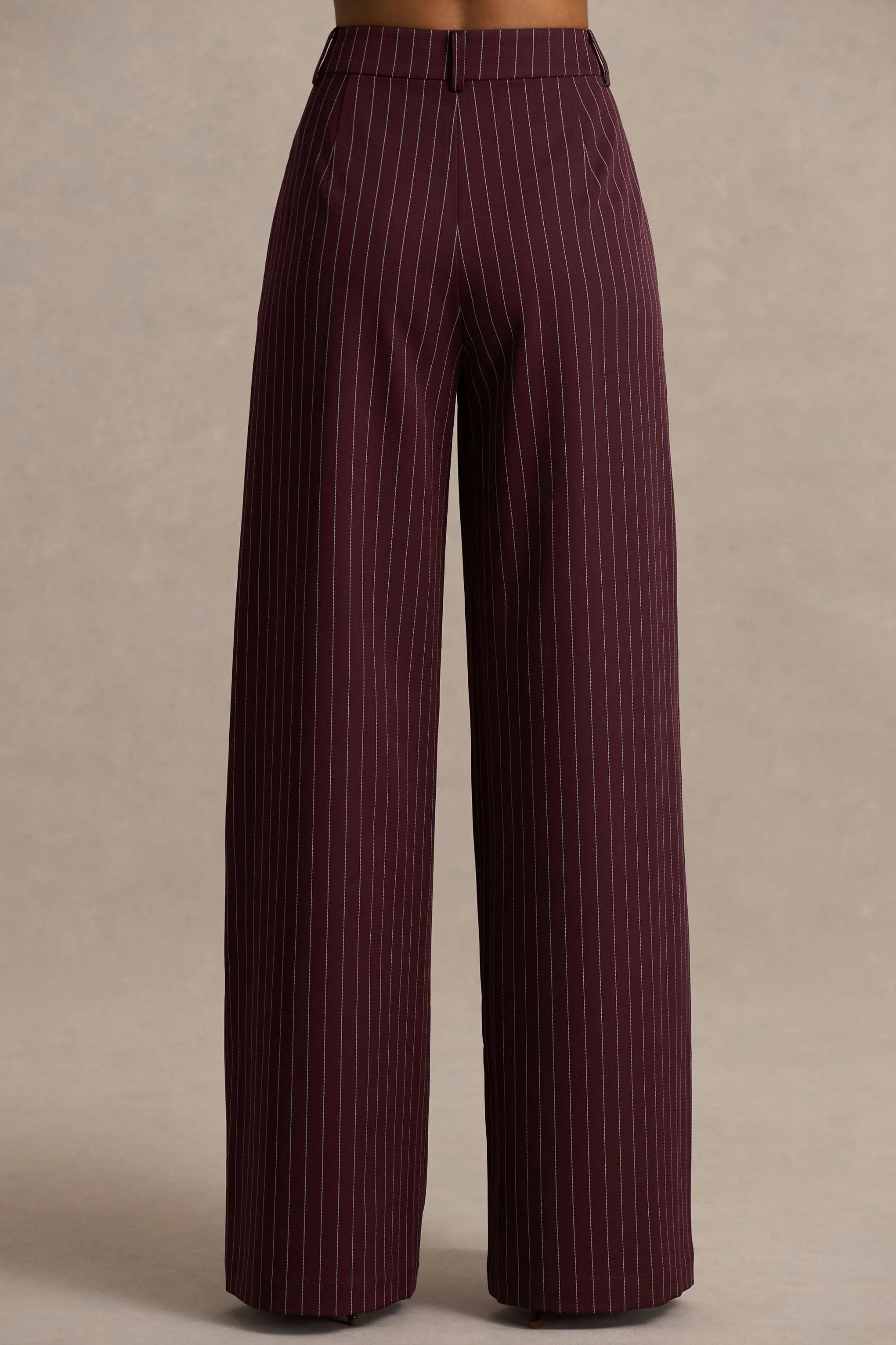 Asteria | Burgundy Pinstripe Wide-Leg Trousers sold by Club L London product image thumbnail 4