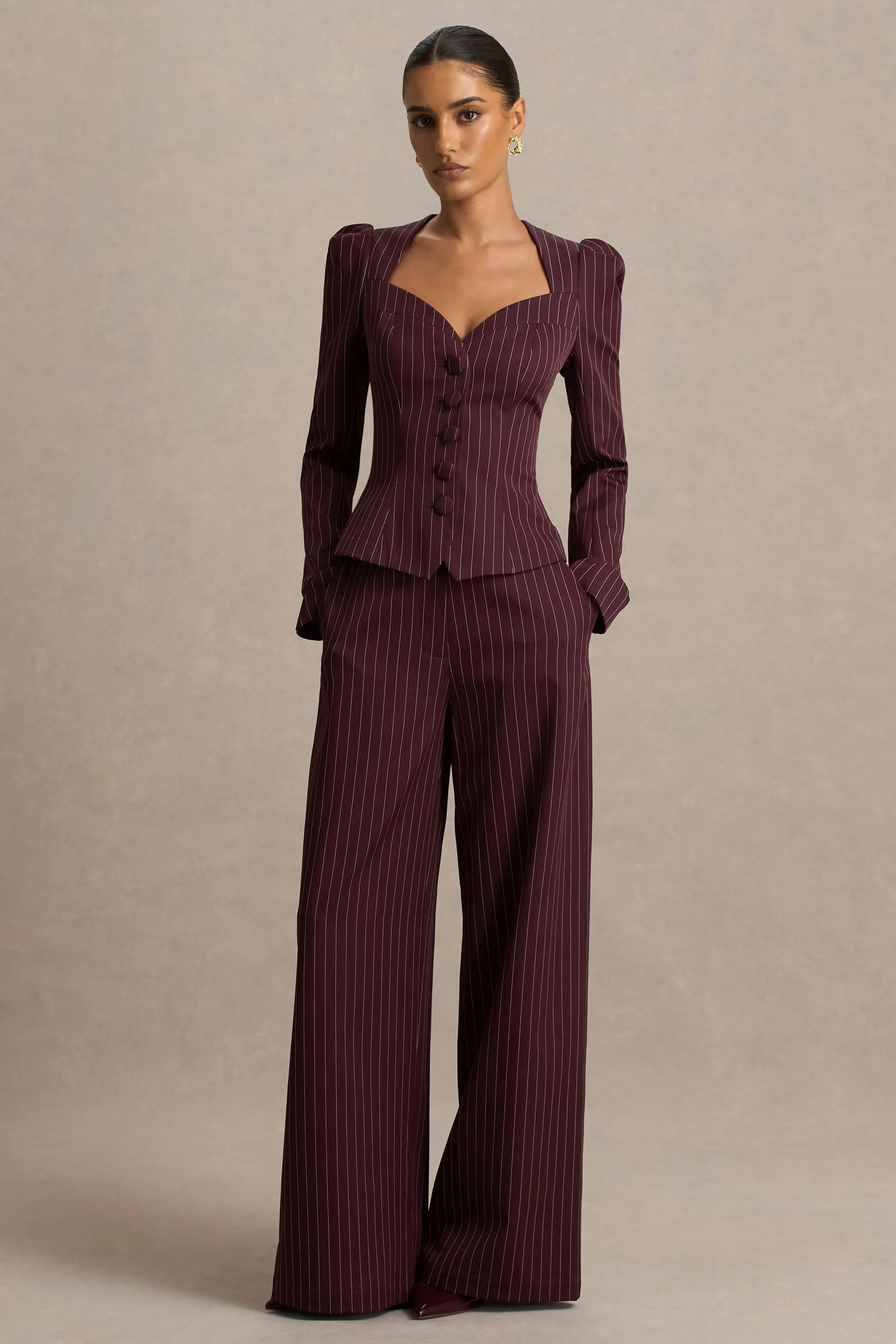 Asteria | Burgundy Pinstripe Wide-Leg Trousers sold by Club L London