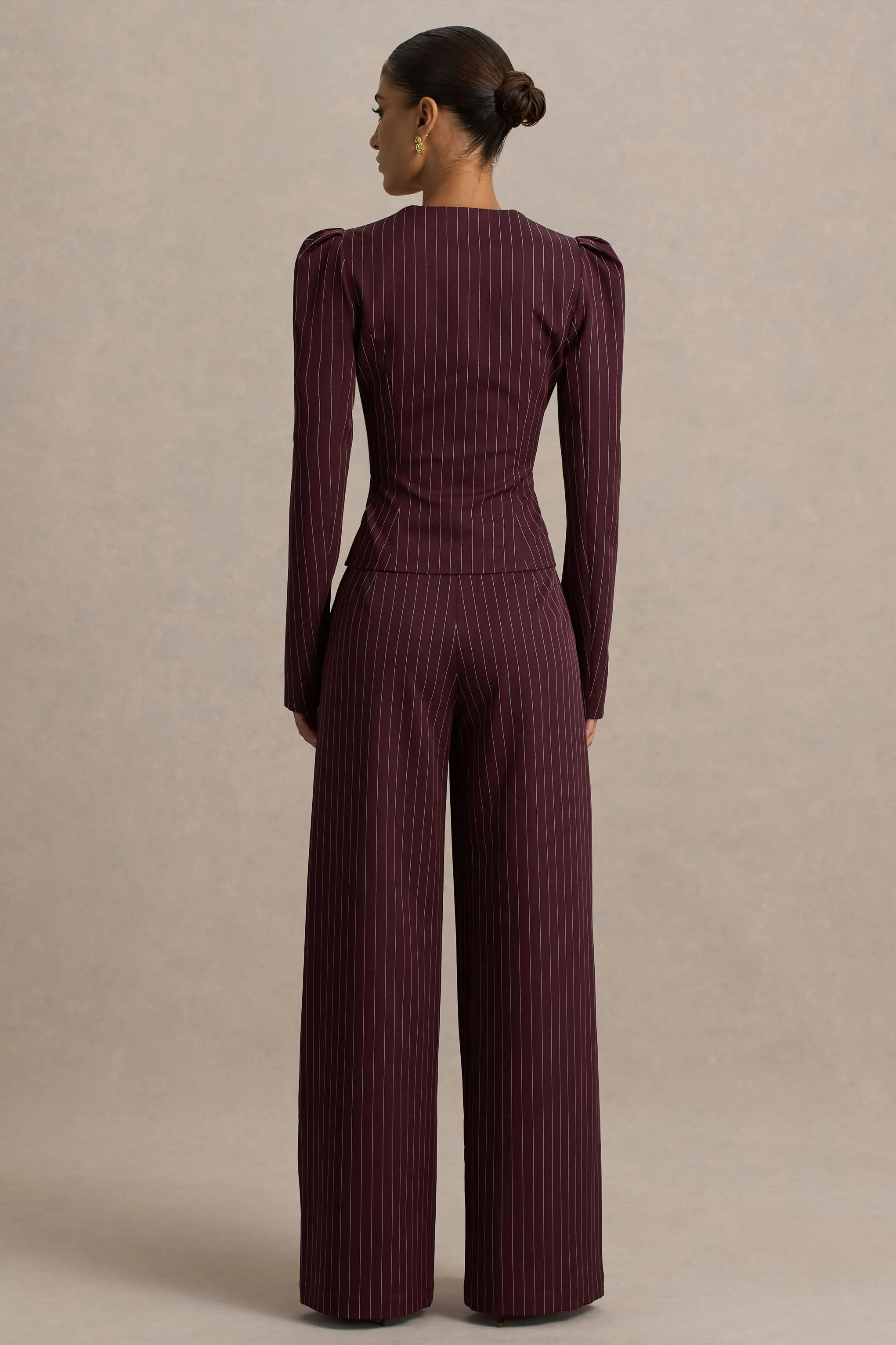 Asteria | Burgundy Pinstripe Wide-Leg Trousers sold by Club L London product image thumbnail 2