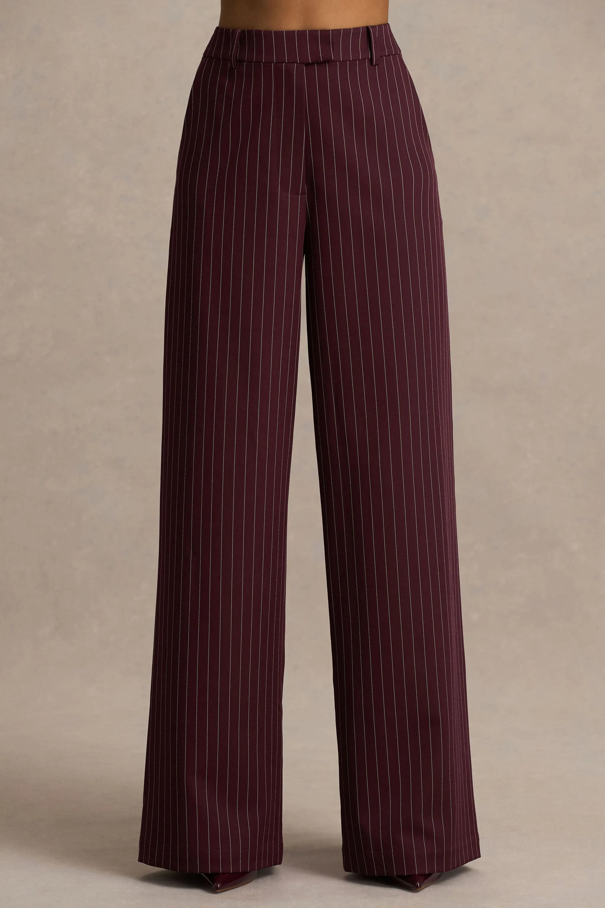 Asteria | Burgundy Pinstripe Wide-Leg Trousers sold by Club L London product image thumbnail 3