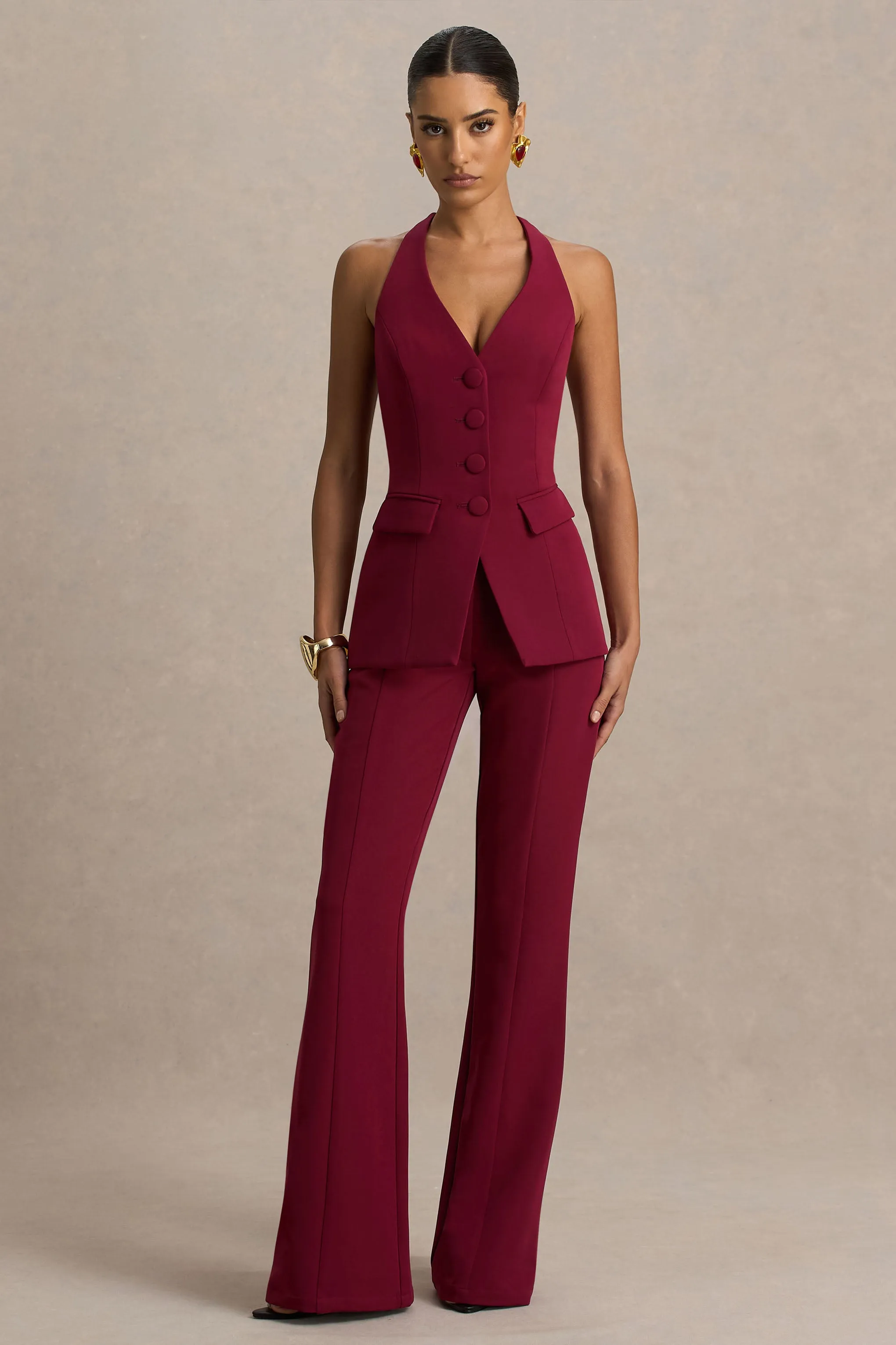 Carina | Burgundy Flared-Leg Tailored Trousers sold by Club L London
