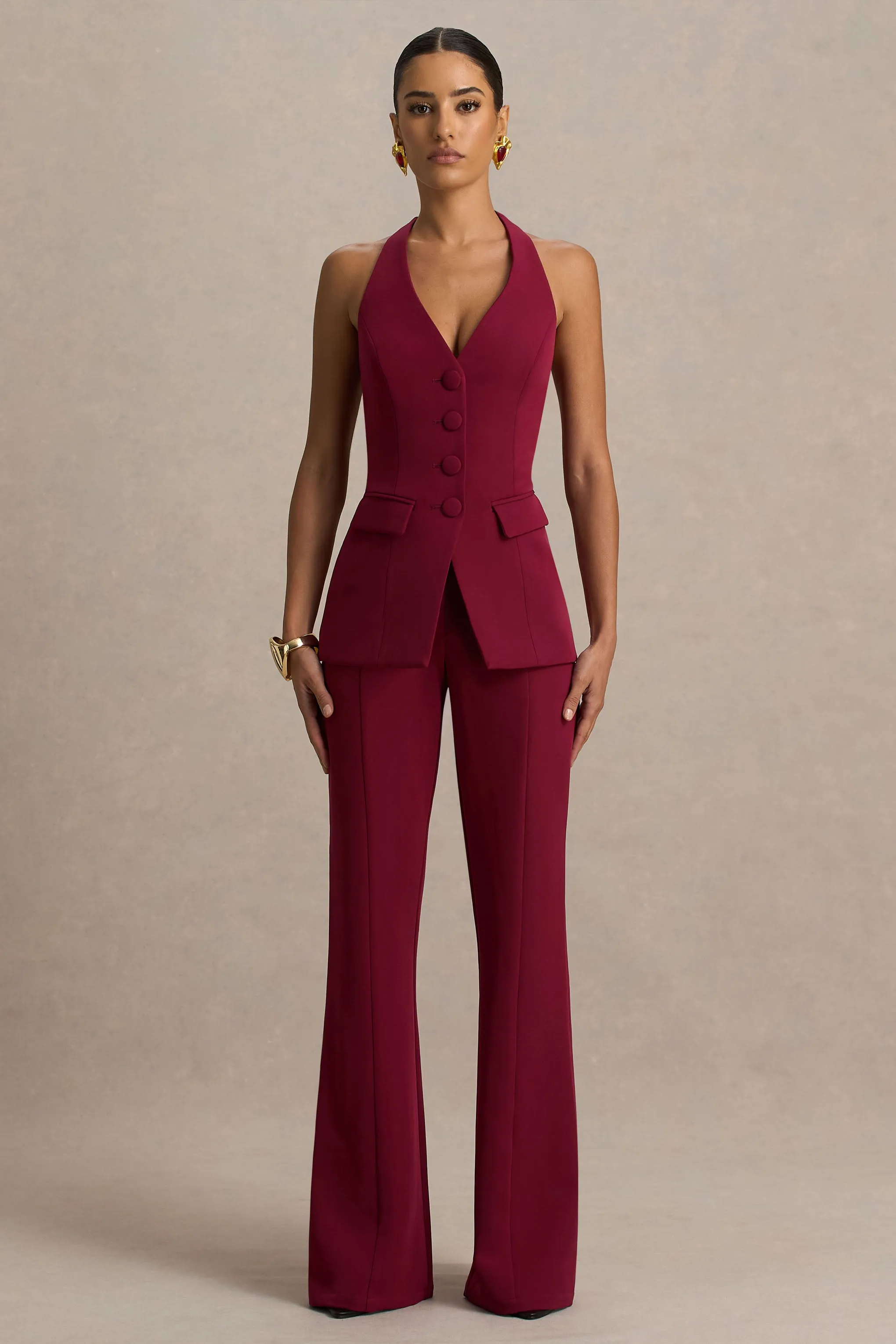Carina | Burgundy Flared-Leg Tailored Trousers sold by Club L London product image thumbnail 5