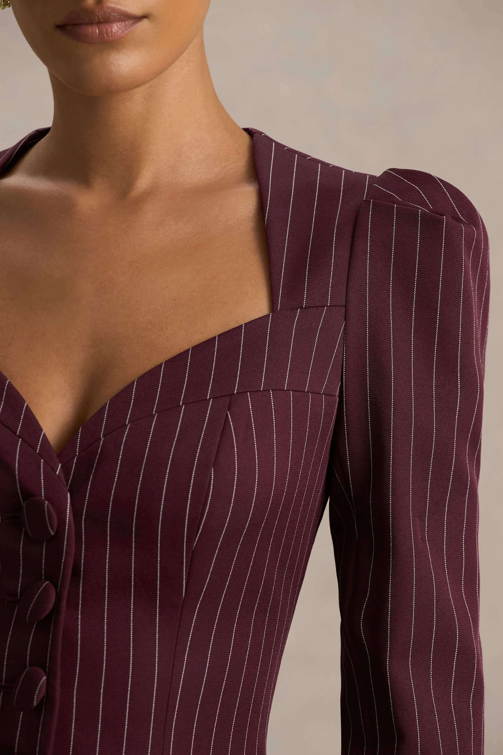 Lana | Burgundy Pinstripe Woven Sweetheart-Neck Tailored Top sold by Club L London product image thumbnail 3