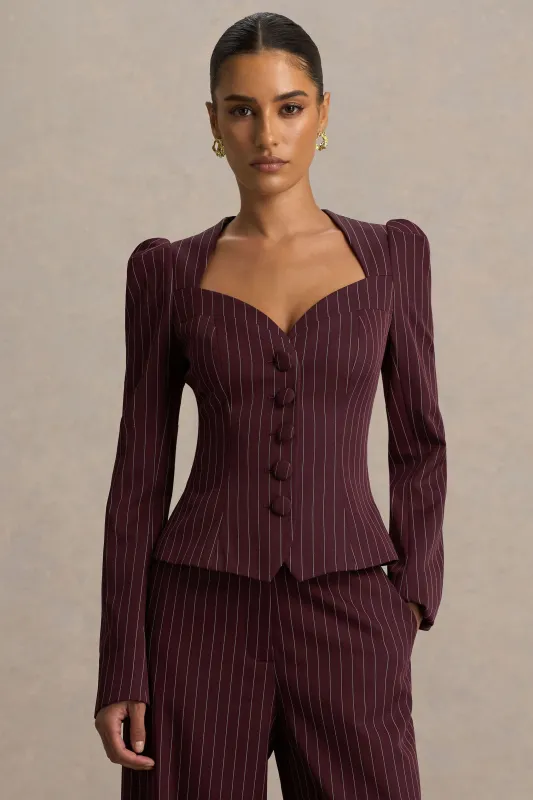 Lana | Burgundy Pinstripe Woven Sweetheart-Neck Tailored Top sold by Club L London