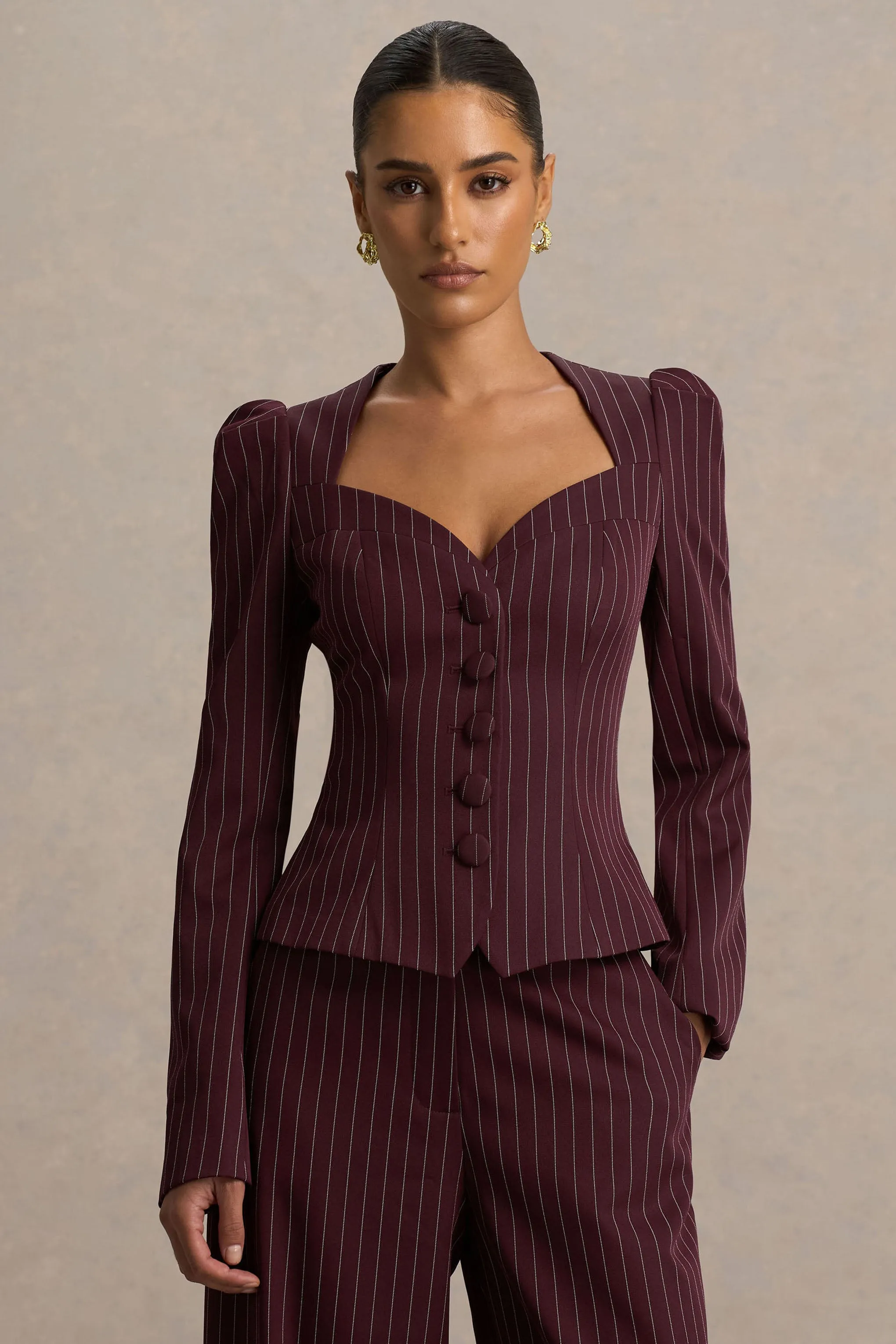 Lana | Burgundy Pinstripe Woven Sweetheart-Neck Tailored Top sold by Club L London