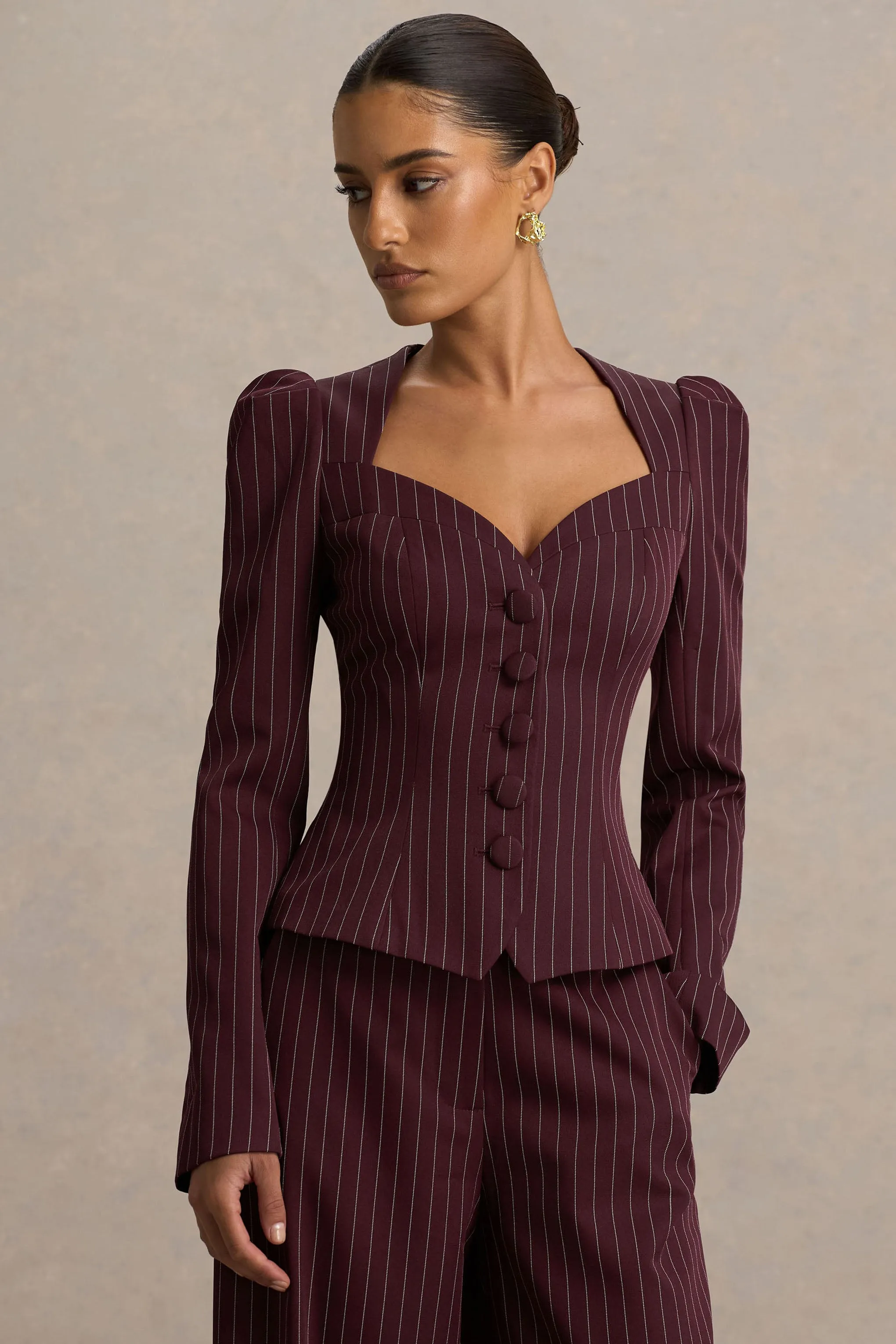 Lana | Burgundy Pinstripe Woven Sweetheart-Neck Tailored Top sold by Club L London product image thumbnail 5