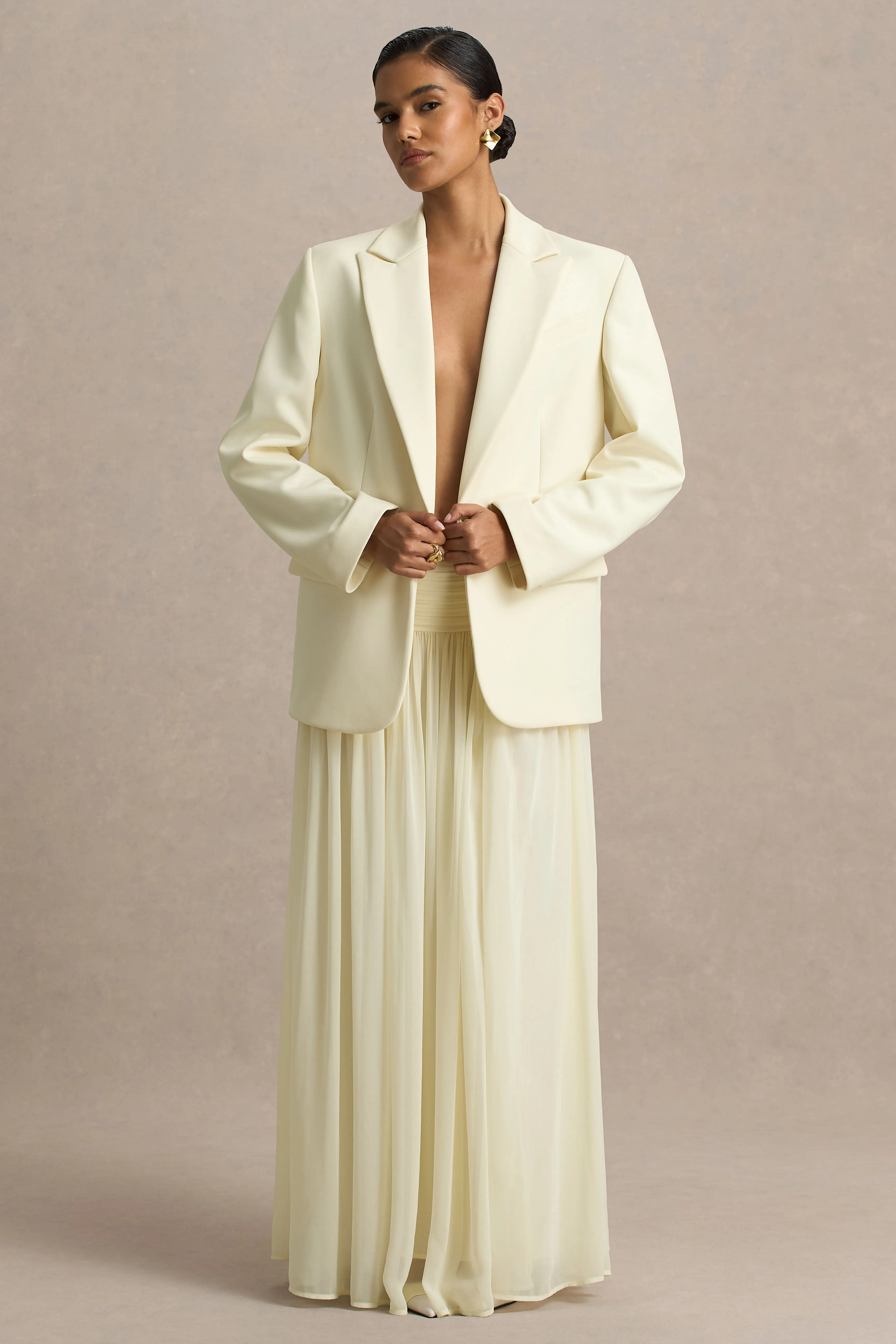 Spencer | Cream Chiffon Pleated Maxi Skirt sold by Club L London