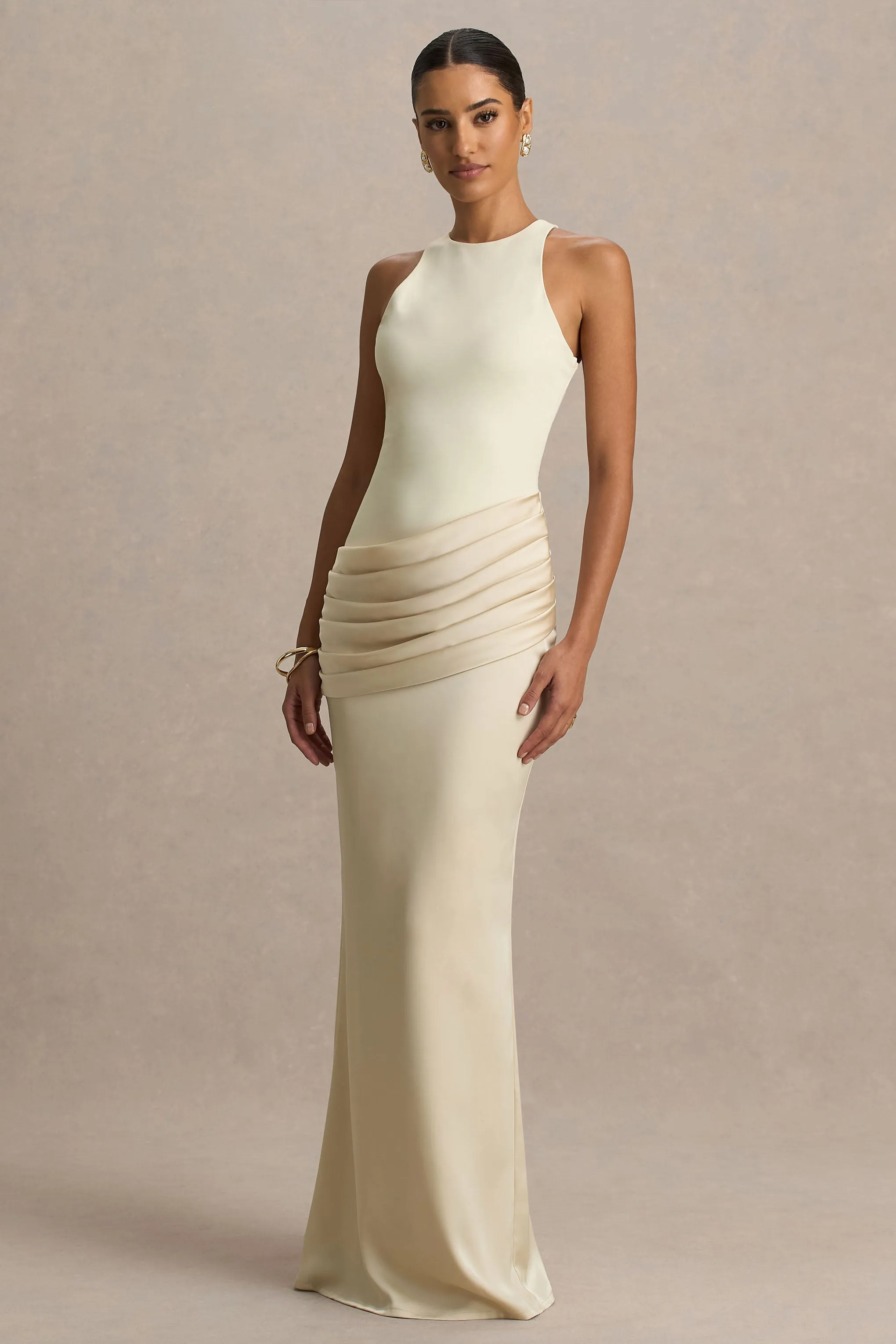 Akari | Champagne High-Neck Maxi Dress With Satin Skirt sold by Club L London product image thumbnail 4